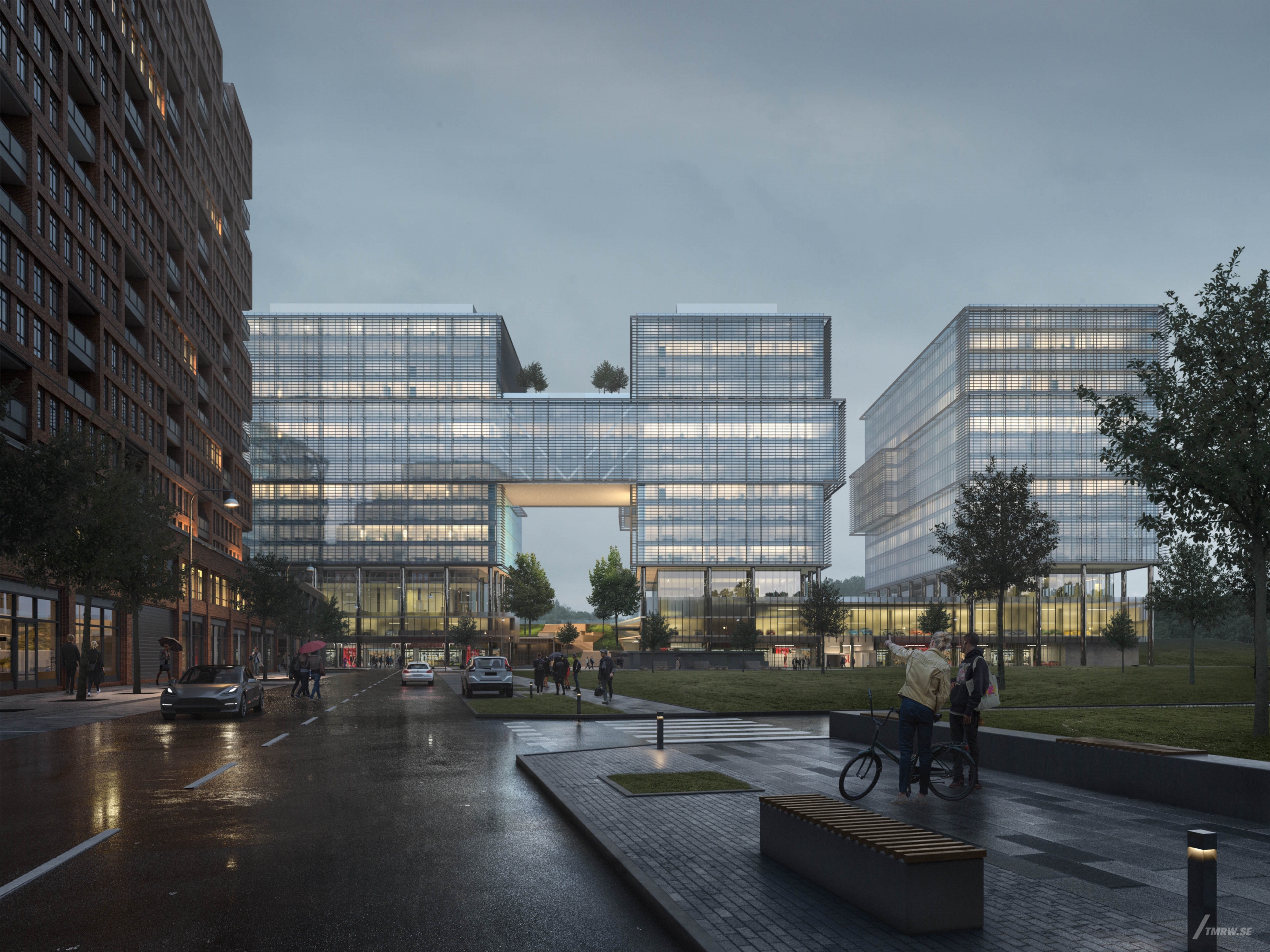 Architectural visualization of Fourth Ward for New City Properties a office center in evening light from a street view.