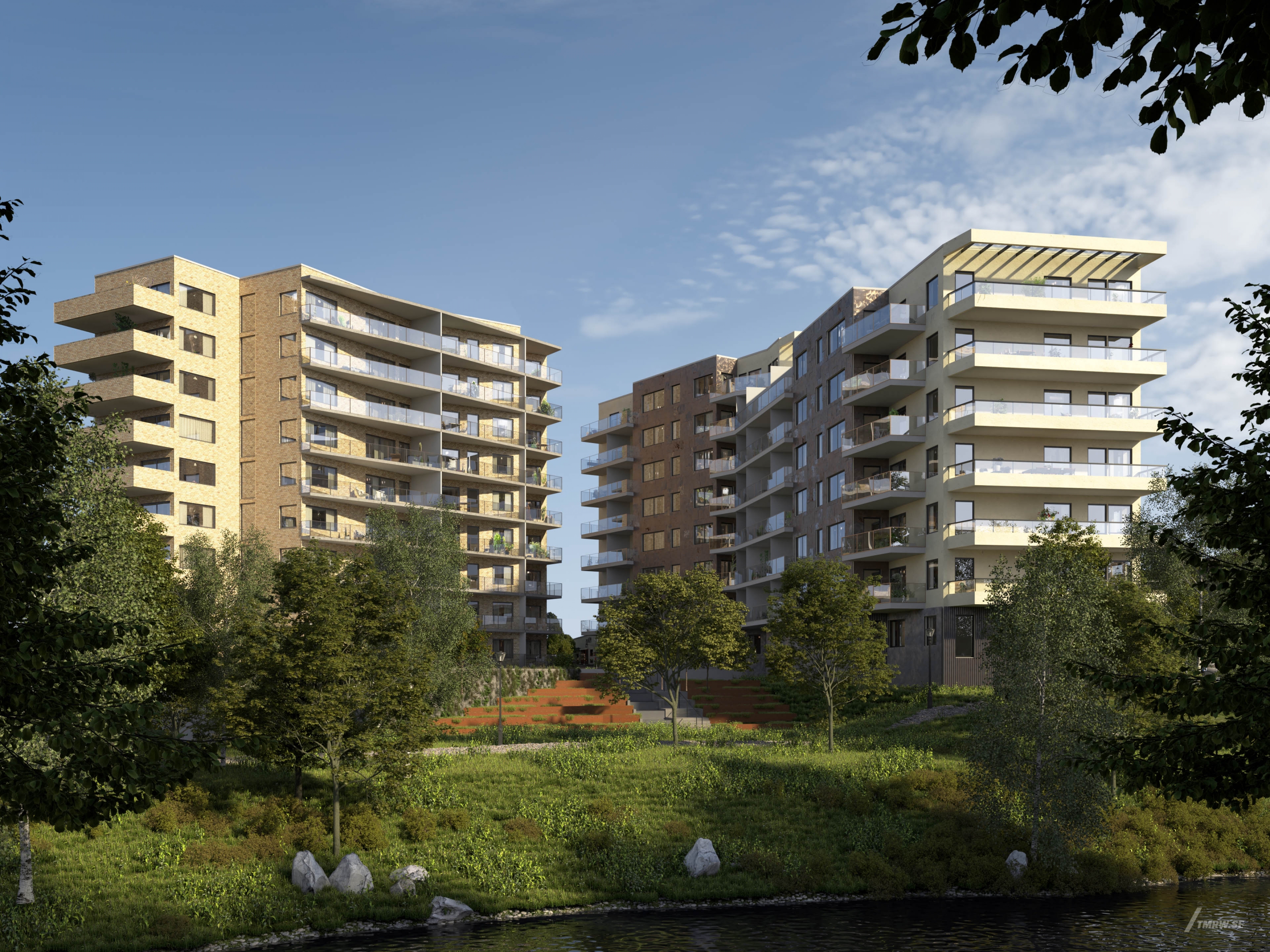 Architectural visualization of Svea Park for QPG in day light from an park view with green grass.