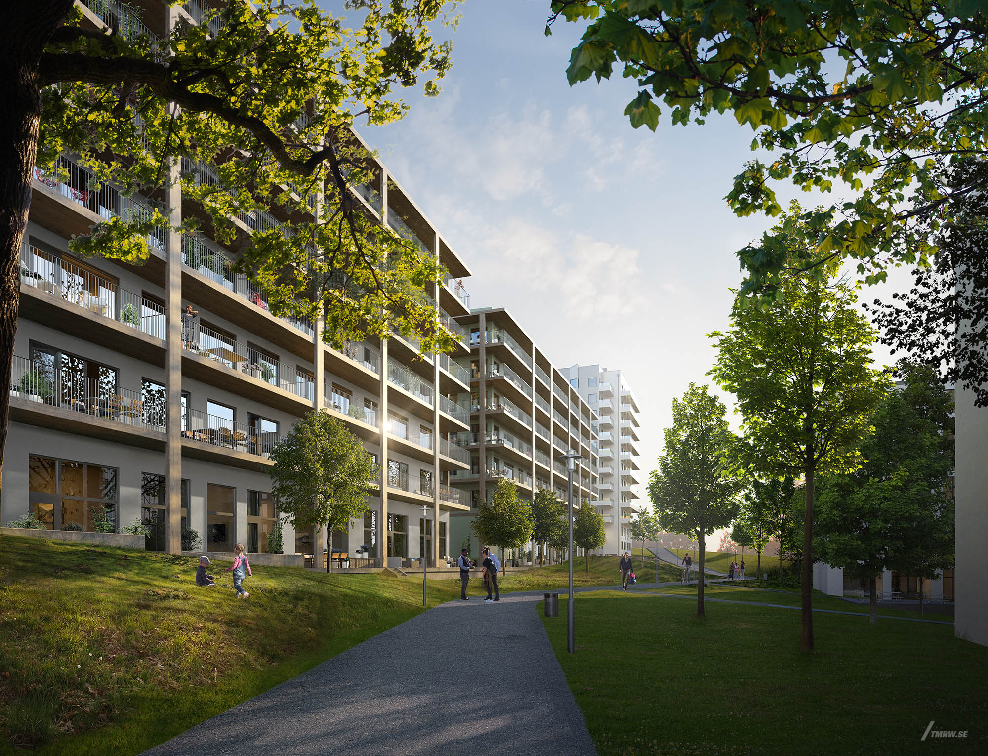 Architectural visualization of Farsta Strand for Rits a apartment house in day light from an street view.