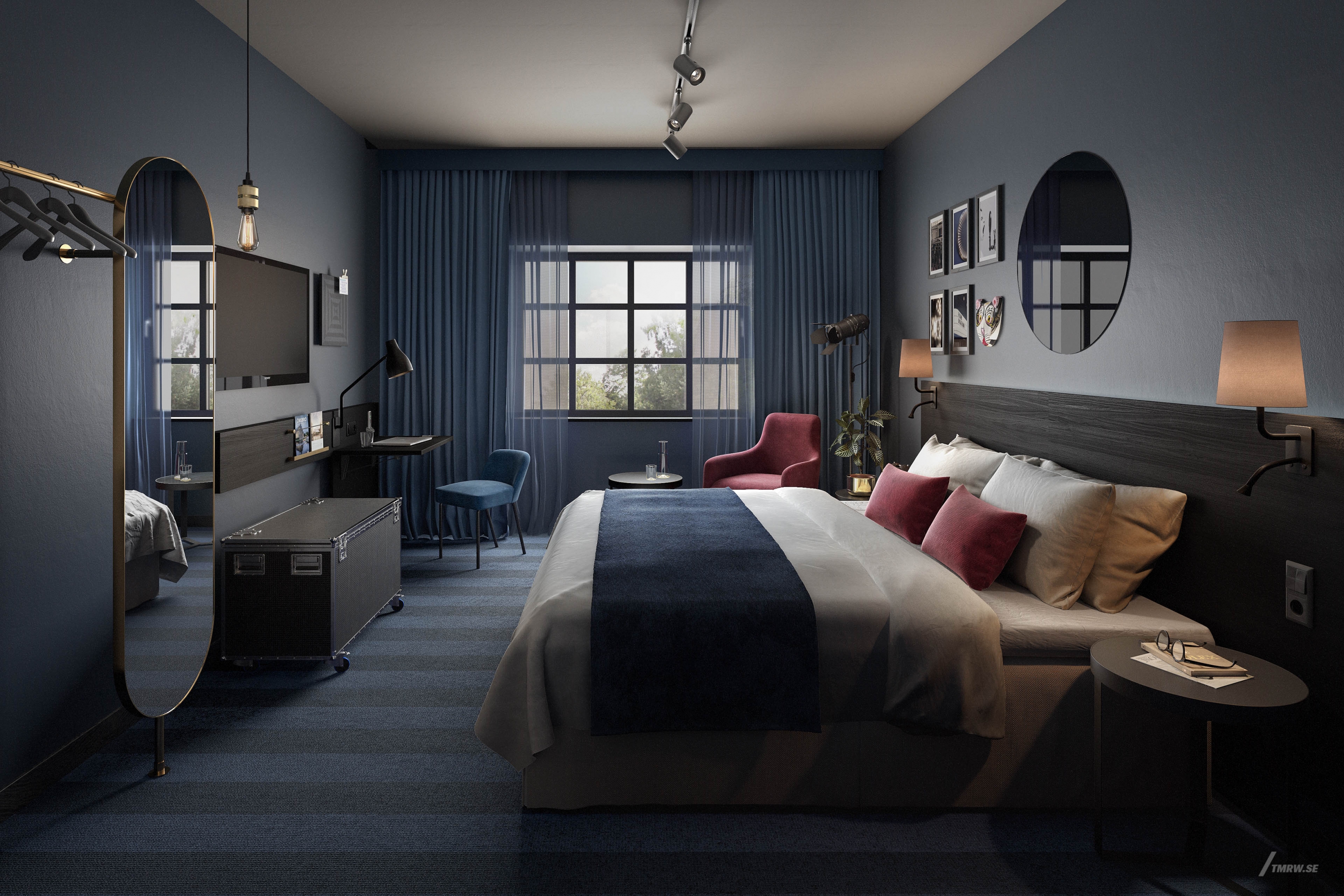 Architectural visualization of a bedroom for Doos, a bed room in evening light from an eye level view.