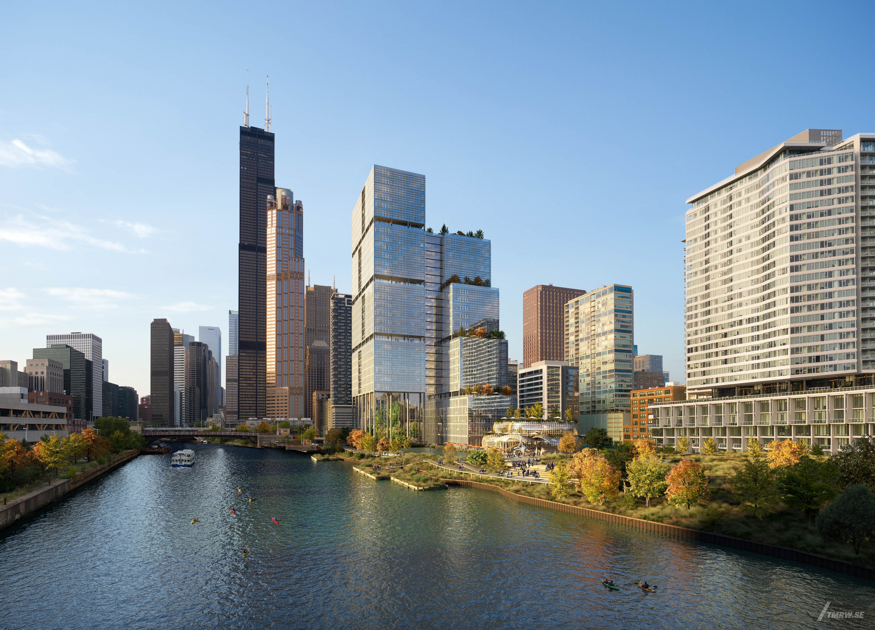 Architectural visualization of Chicago River for SOM, an office tower during day light from a sea view.