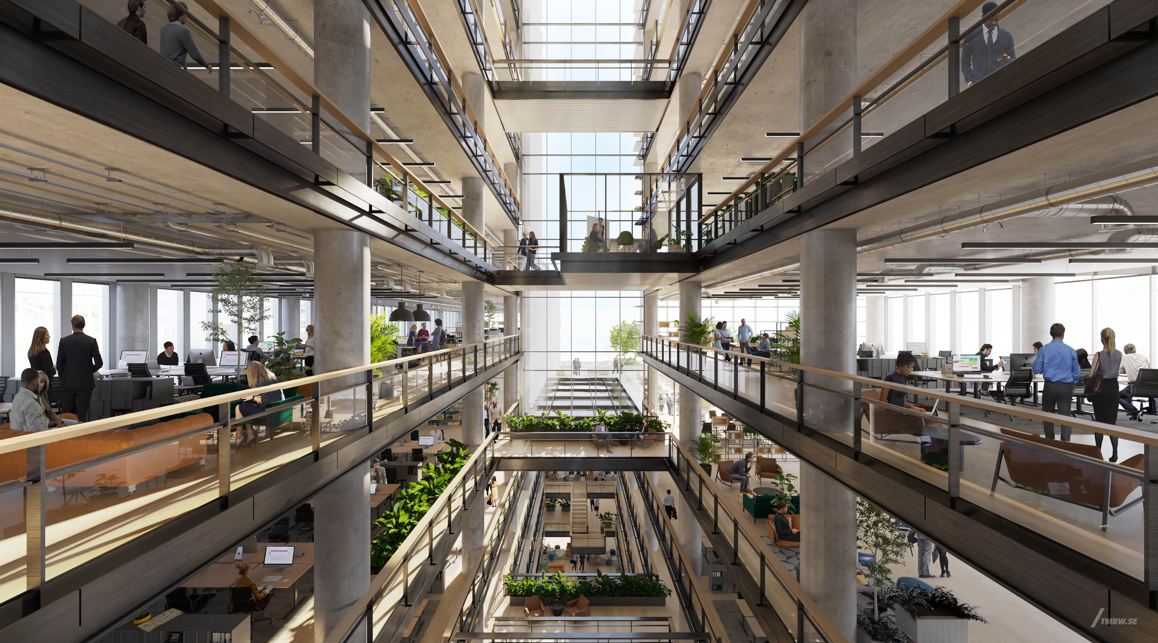 Architectural visualization of Southbank for SOM, an office interior during day light from a semi aerial view.