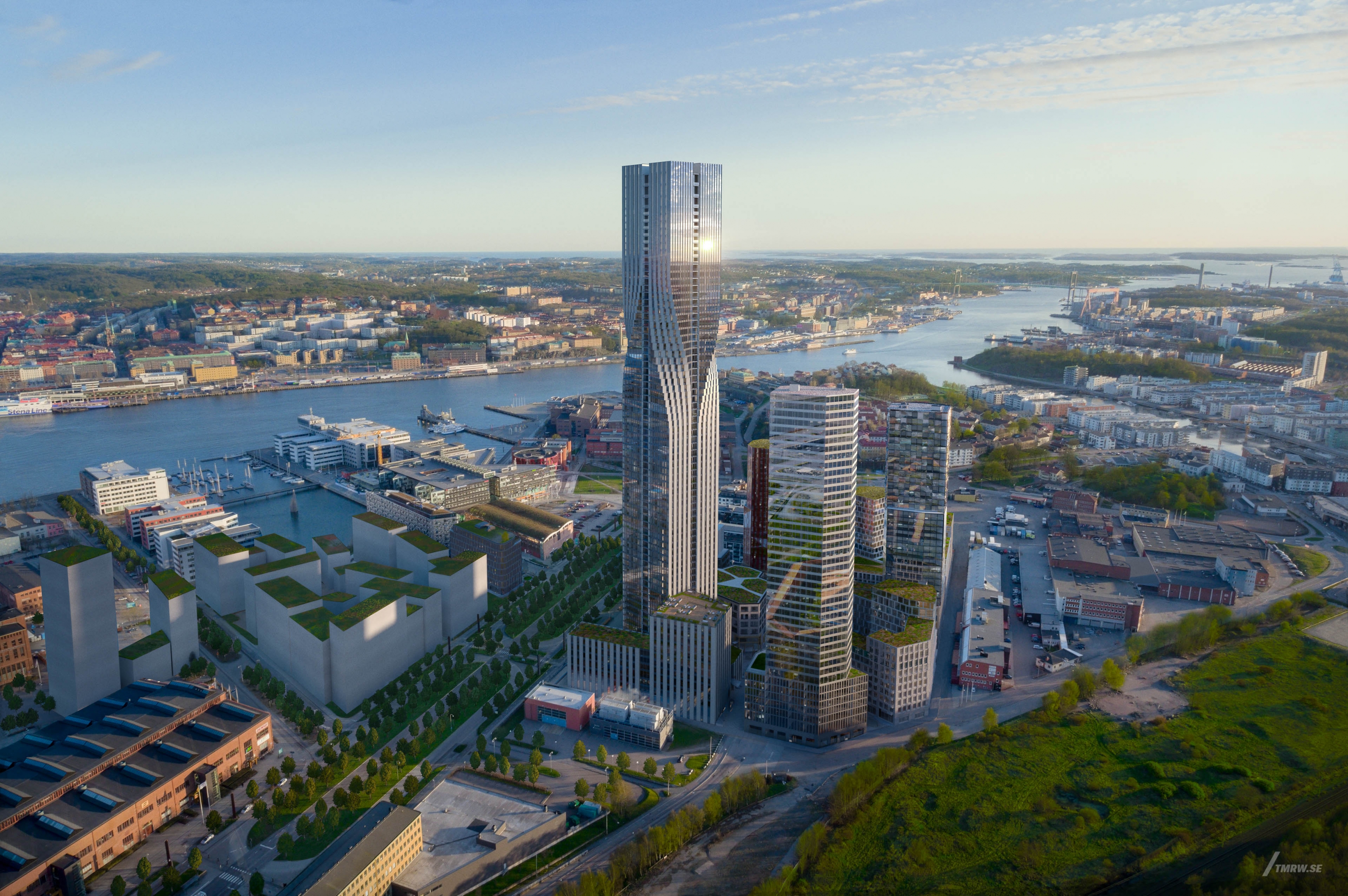 Architectural visualization of Karlatornet for Serneke a skyscraper in day light from an aerial view.