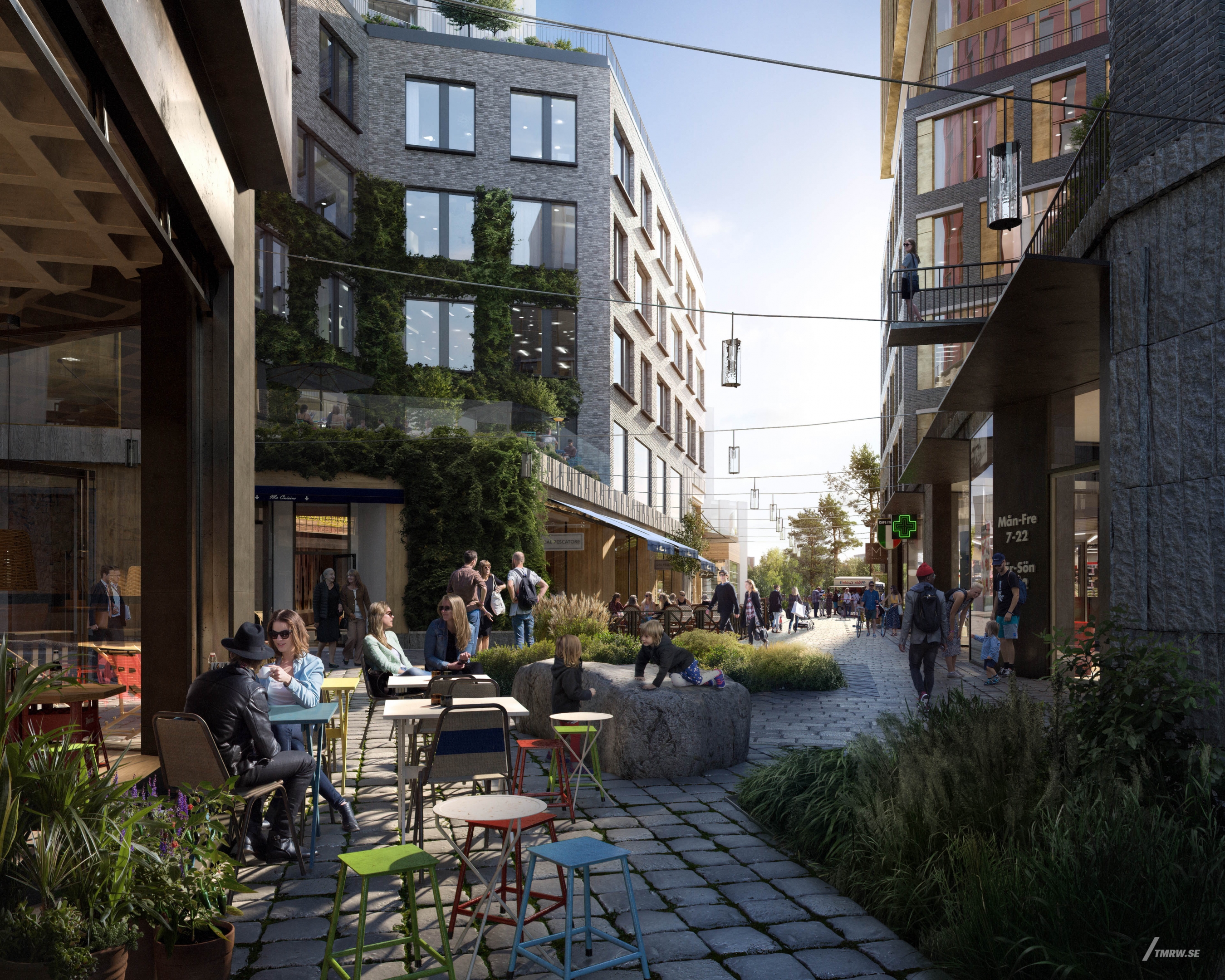 Architectural visualization of Karlastaden for Serneke a civic area with a coffee table in day light from a street view.