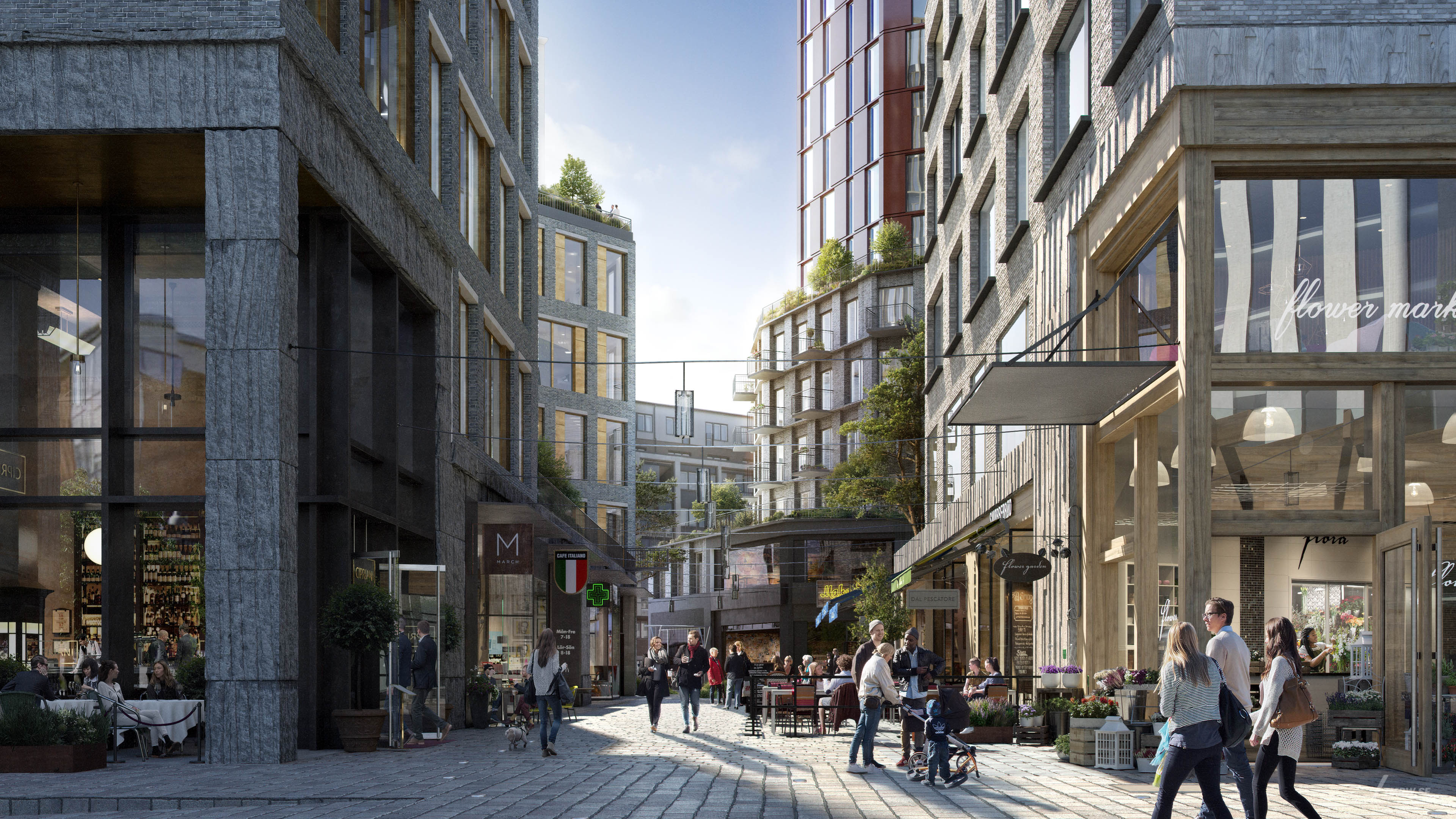 Architectural visualization of Karlastaden for Serneke a civic area in day light from a street view.