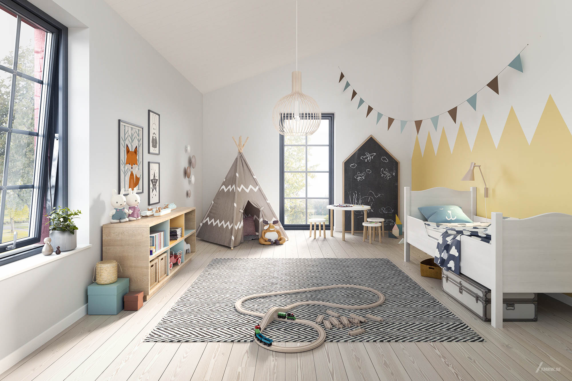 Architectural visualization of Svenska Fönster a project for Skarp, a interior children's room in day light from an eye level view.