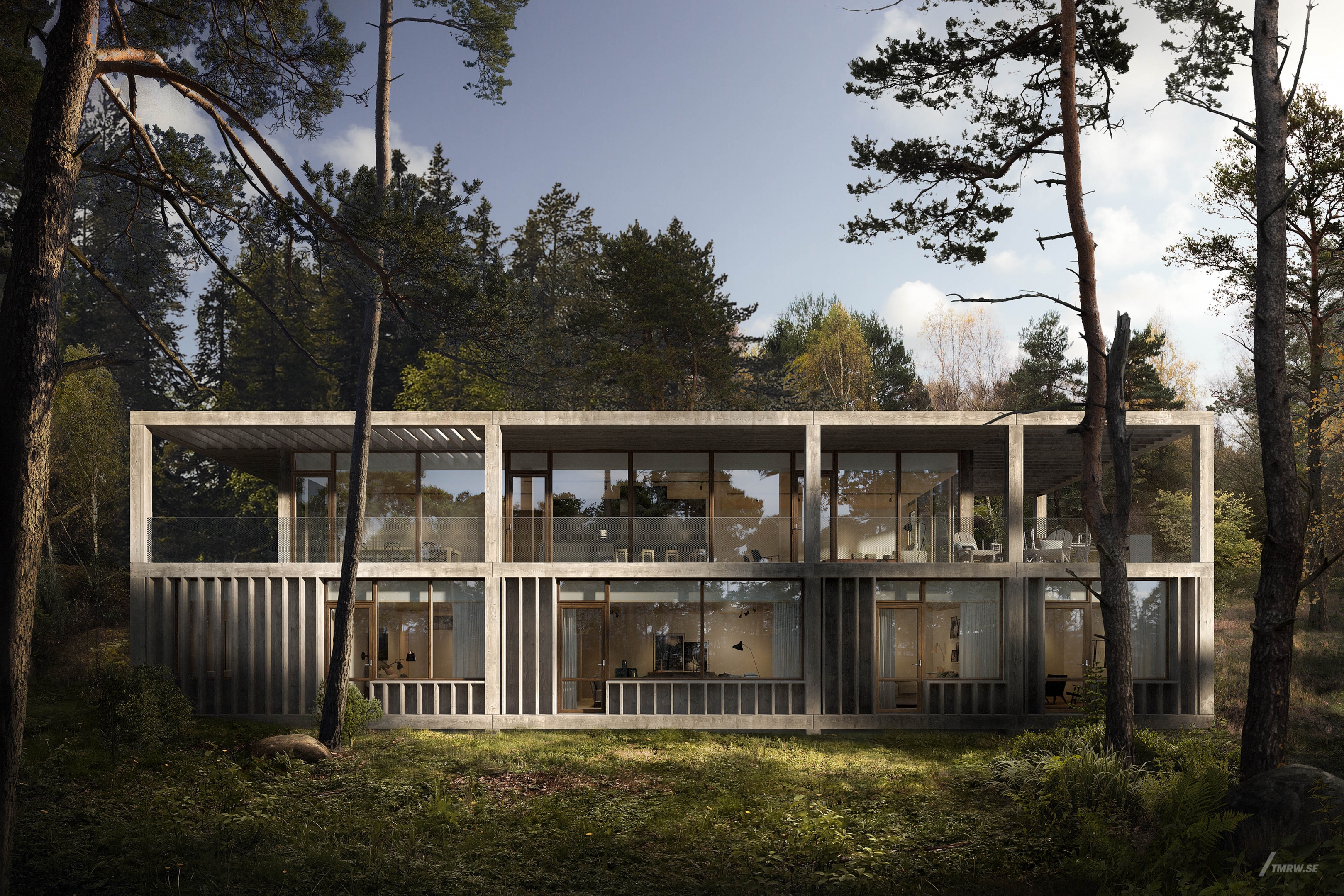 Architectural visualization of Traryd for Skarp a house in the forest in day light from an eye view.