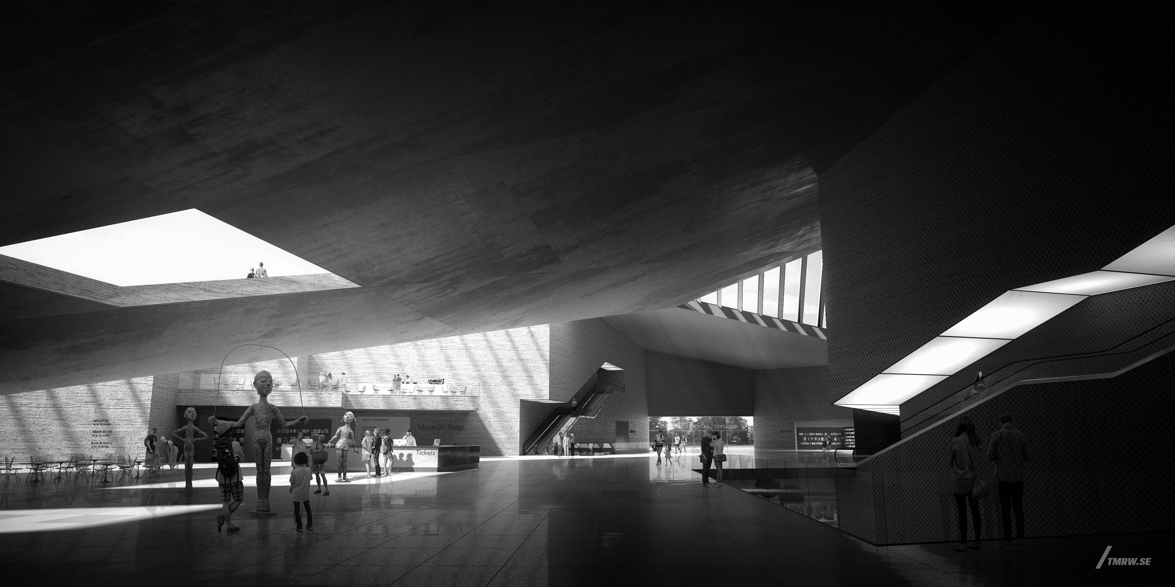 Architectural visualization of National Gallery for Snöhetta a museum building in black and white from an interior view.