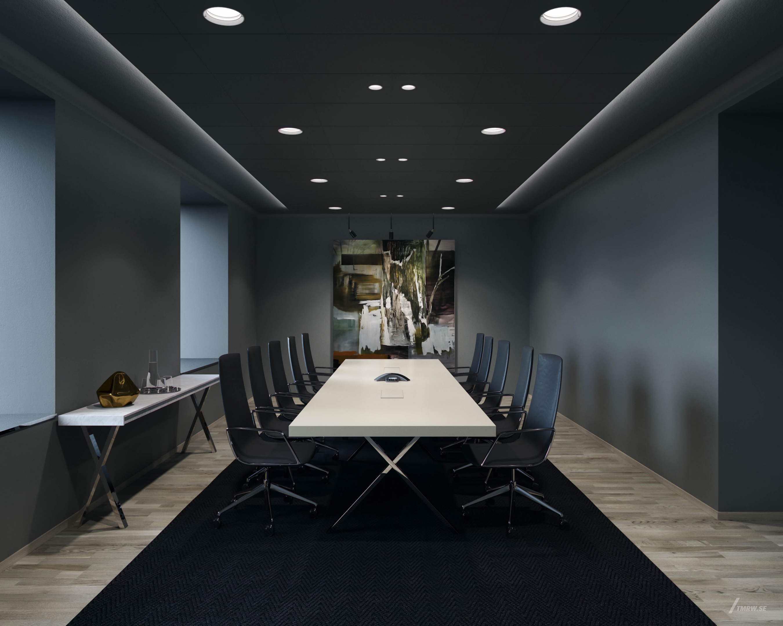 Architectural visualization of Dice for Studio Stockhom, a conference room in dim light from an eye level view.