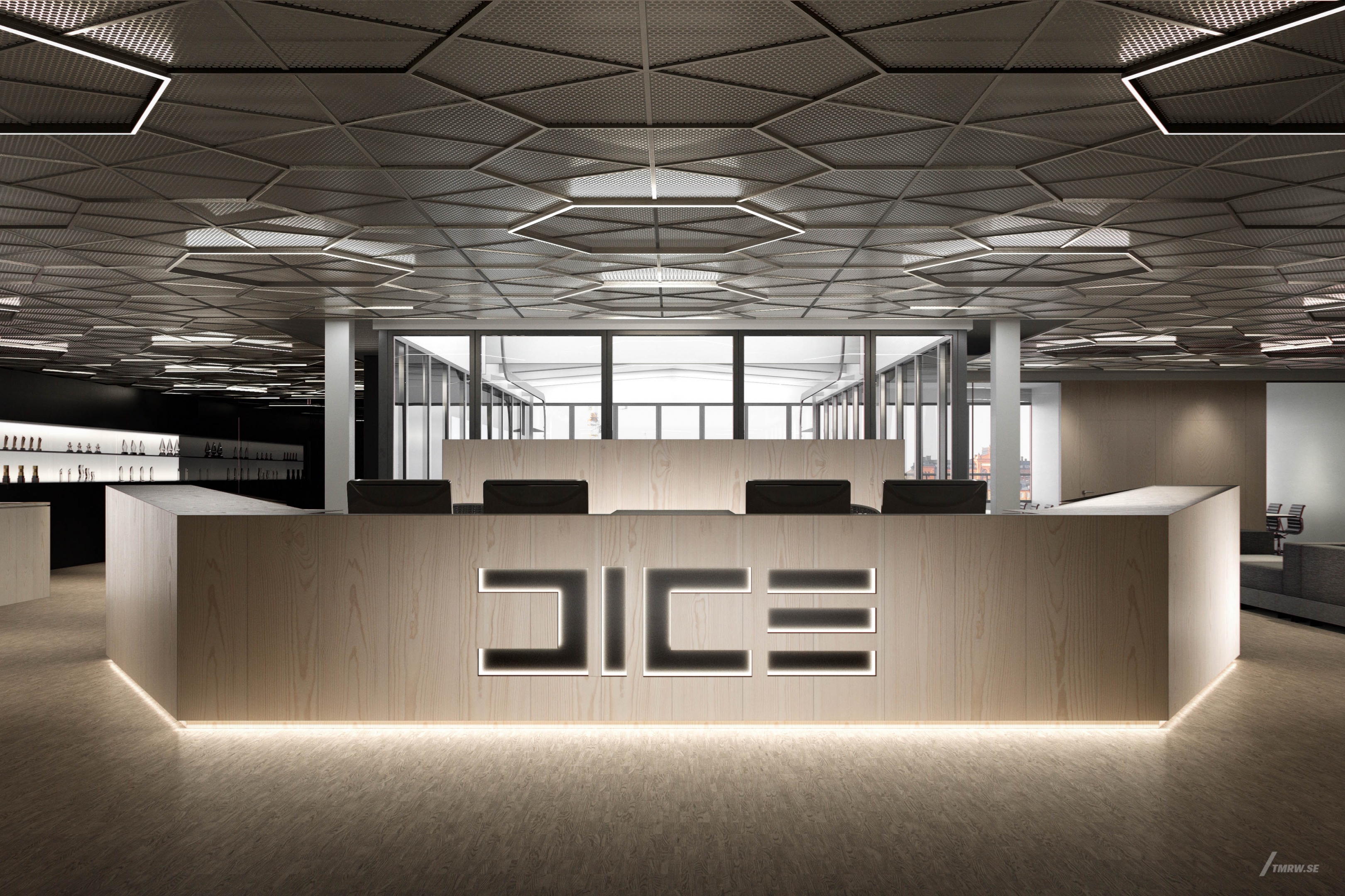 Architectural visualization of Dice for Studio Stockhom, a reception in dim light from an eye level view.