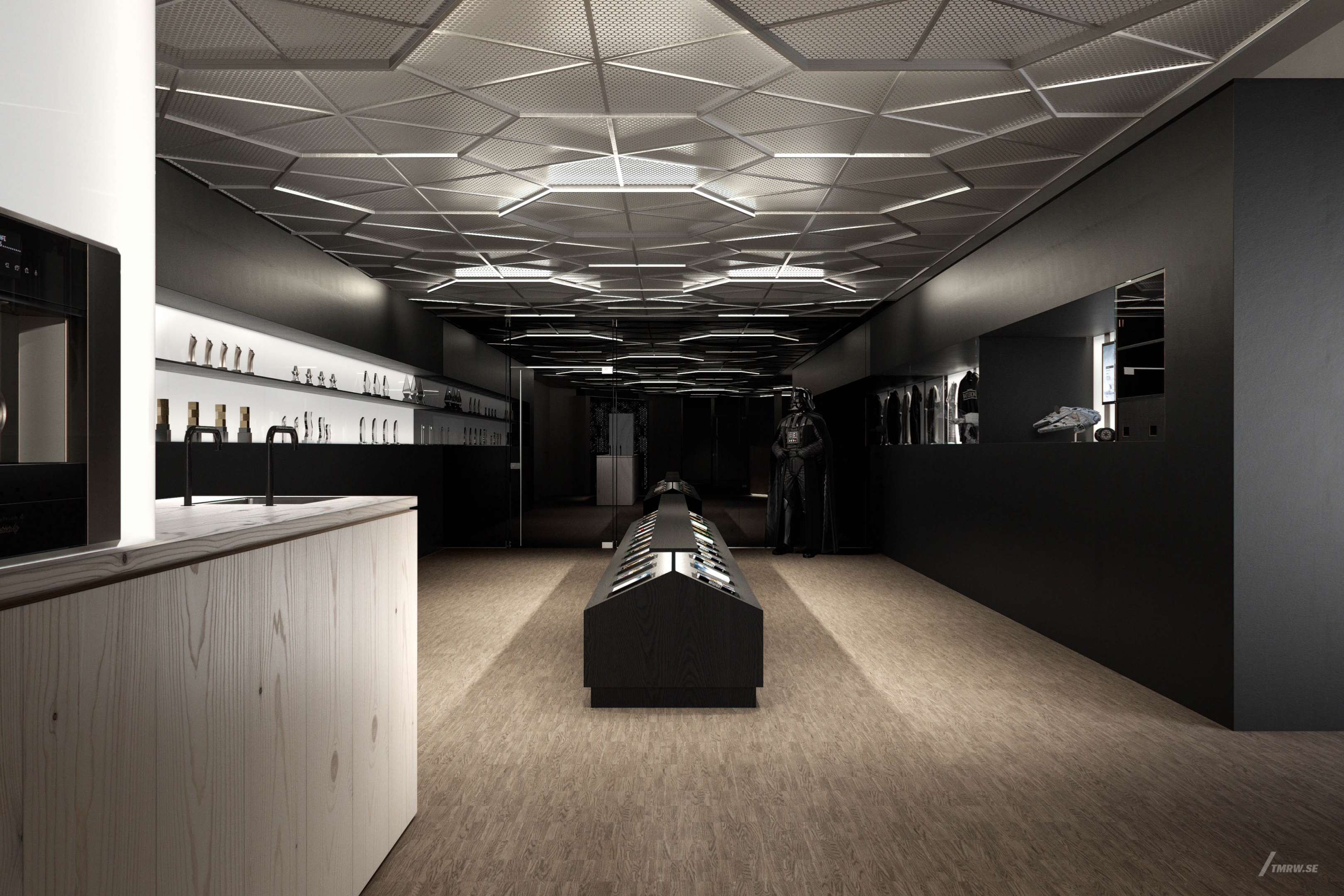 Architectural visualization of Dice for Studio Stockhom, a lobby room in dim light from an eye level view.