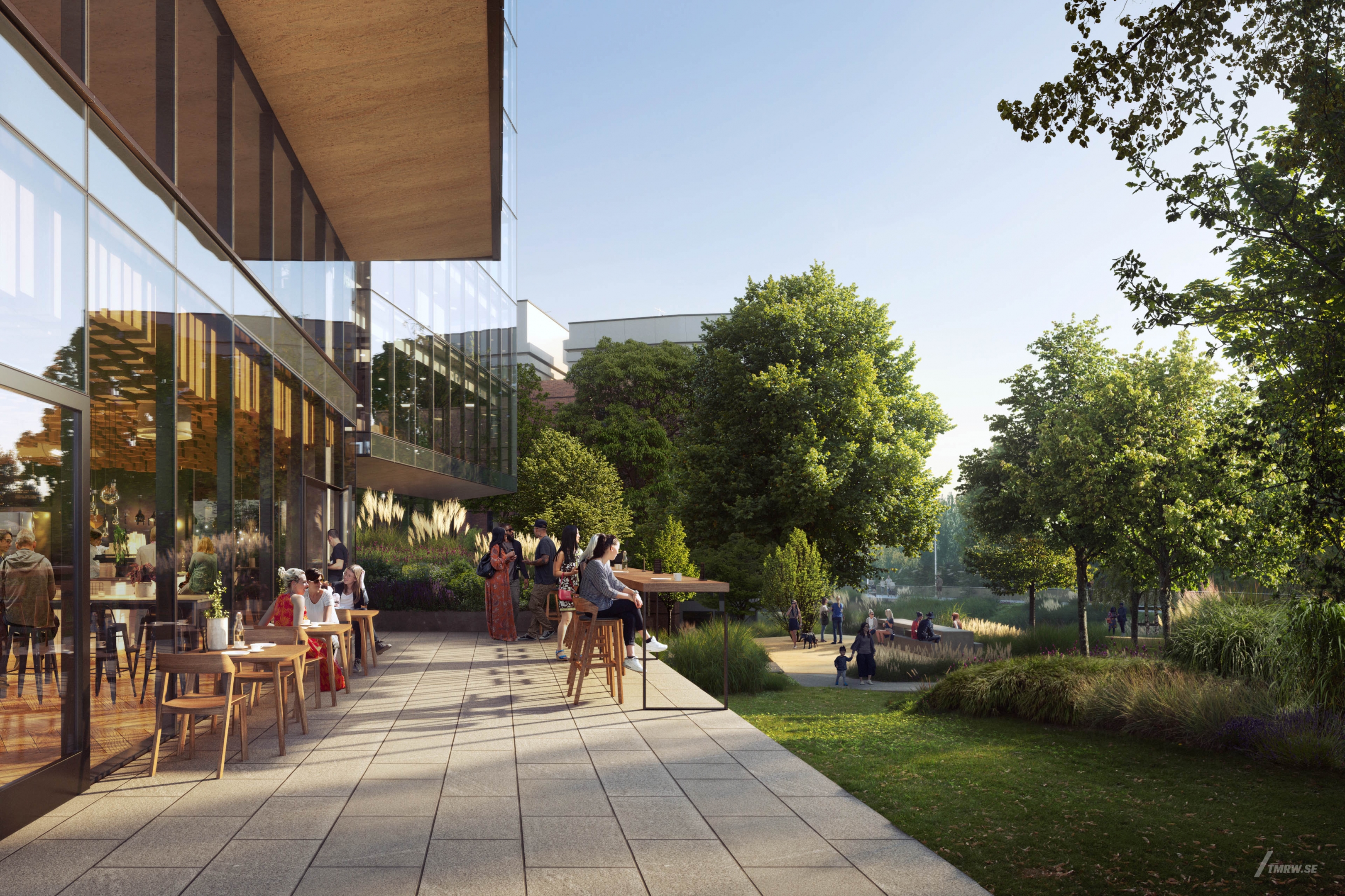 Architectural visualization of 101 12th Street for Studios, a patio in day light from a street view.