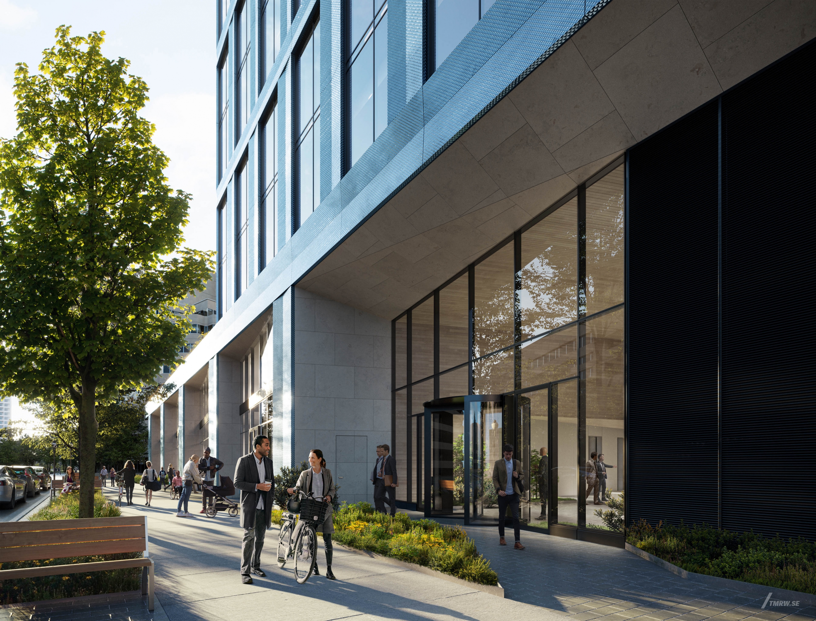 Architectural visualization of 101 12th Street for Studios, an office building in day light from a street view.