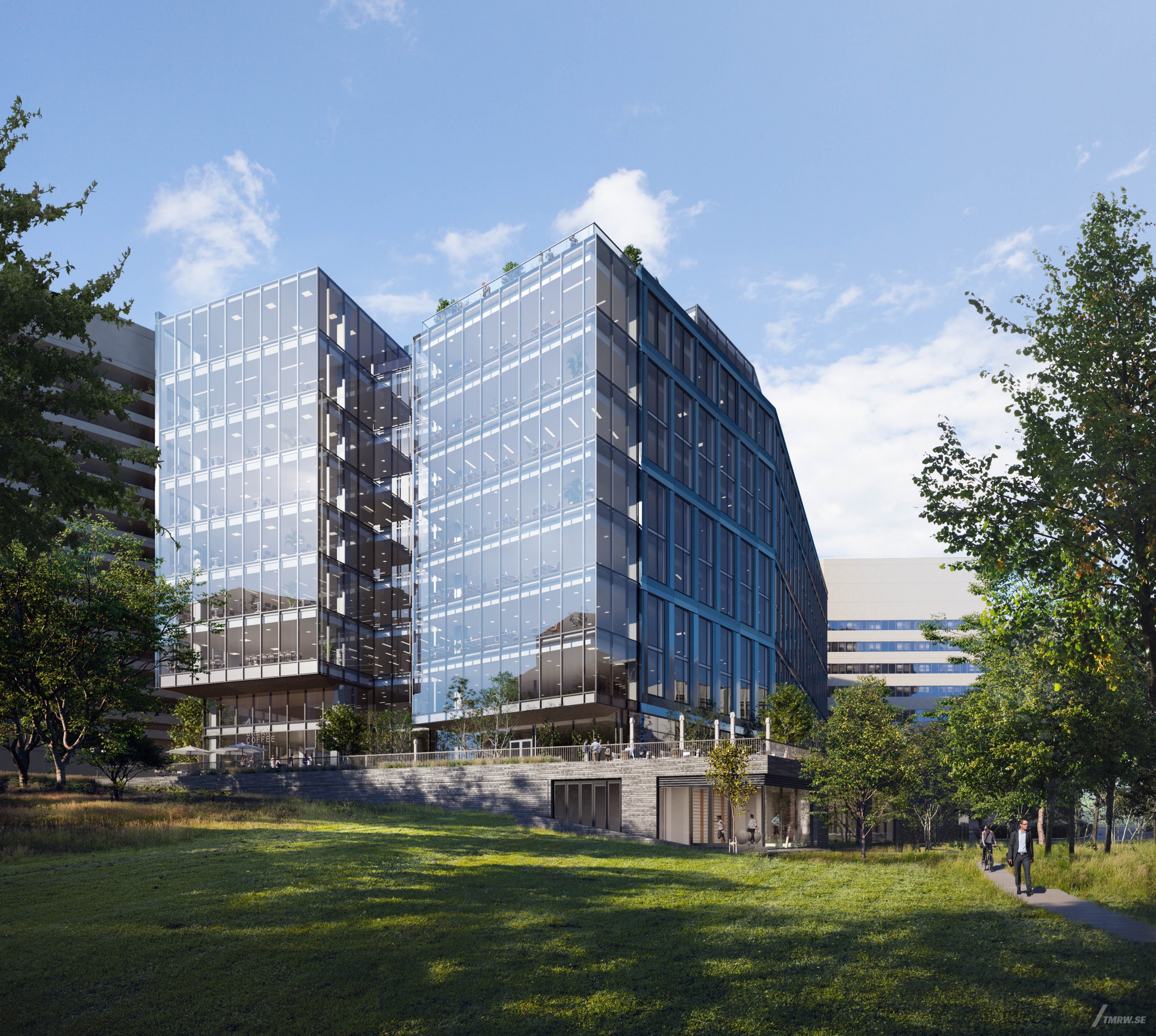 Architectural visualization of 101 12th Street for Studios, an office building in day light from an green park view.