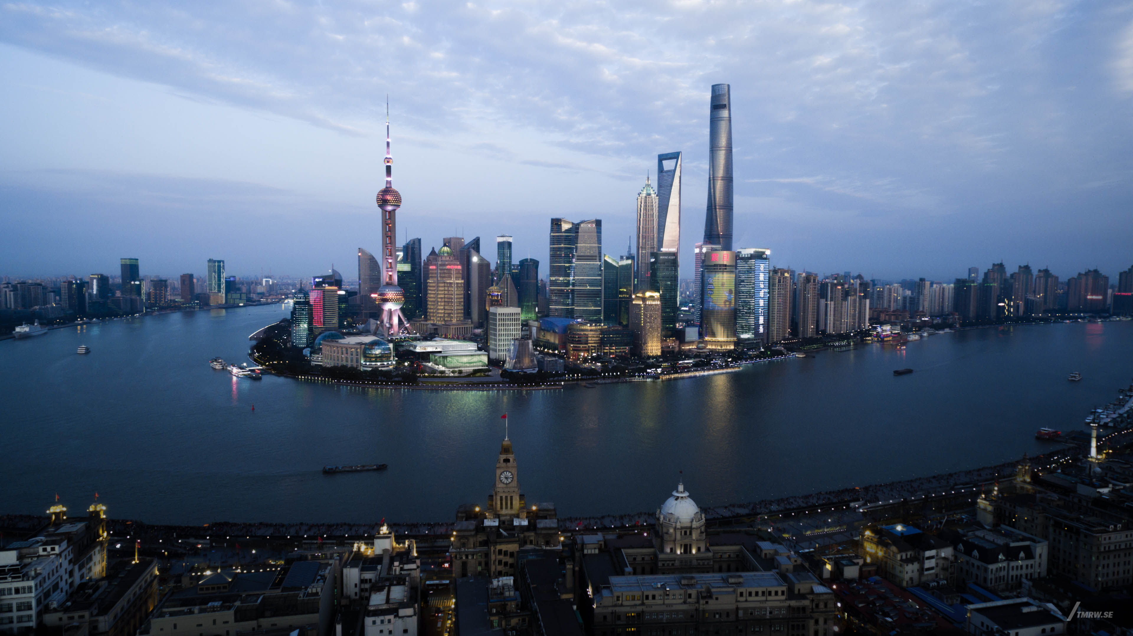 Architectural visualization of Shanghai for TJADRI in dusk light from an aerial view.