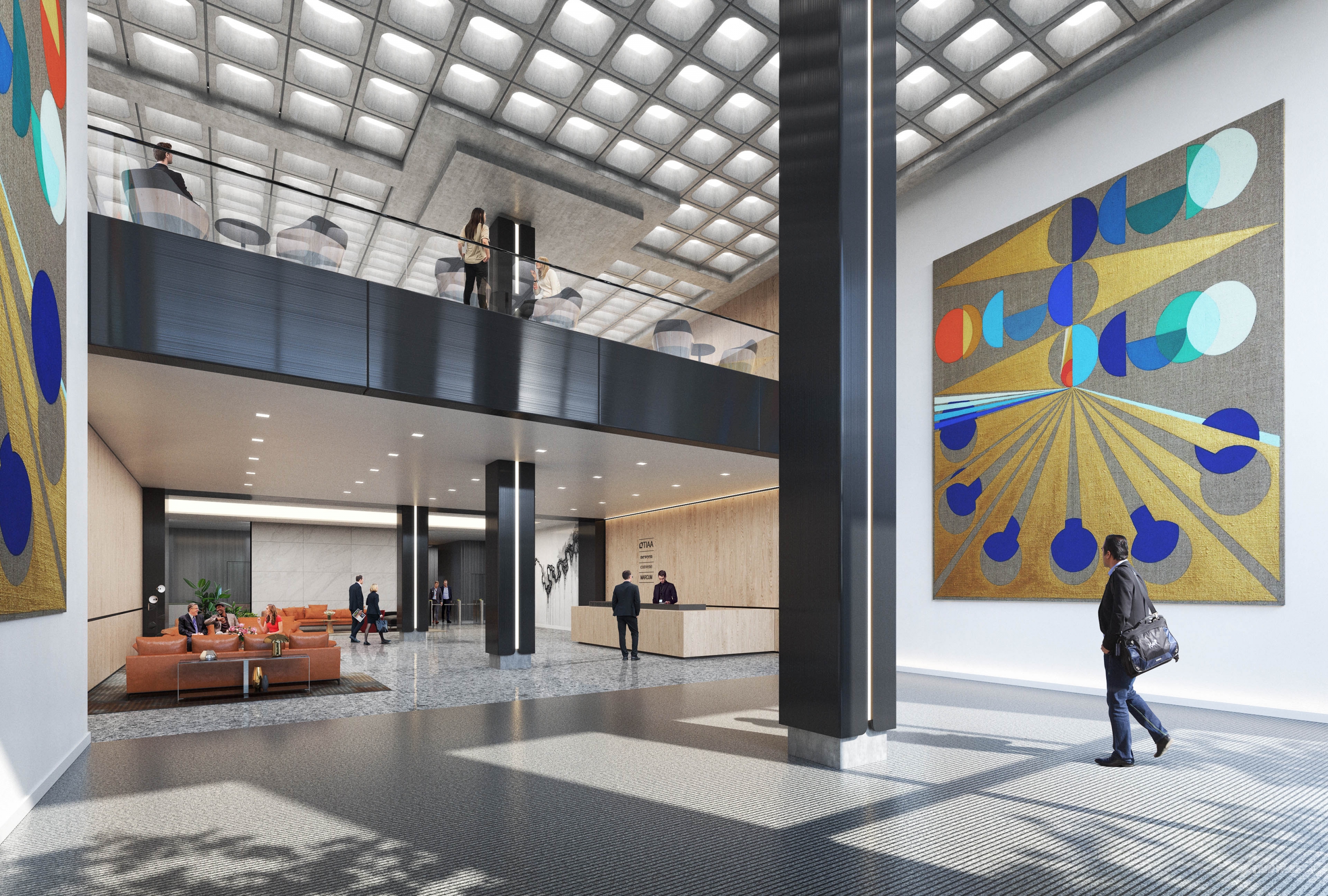 Architectural visualization of 730 Third Avenue for Taconic, a lobby in day light from a street view.
