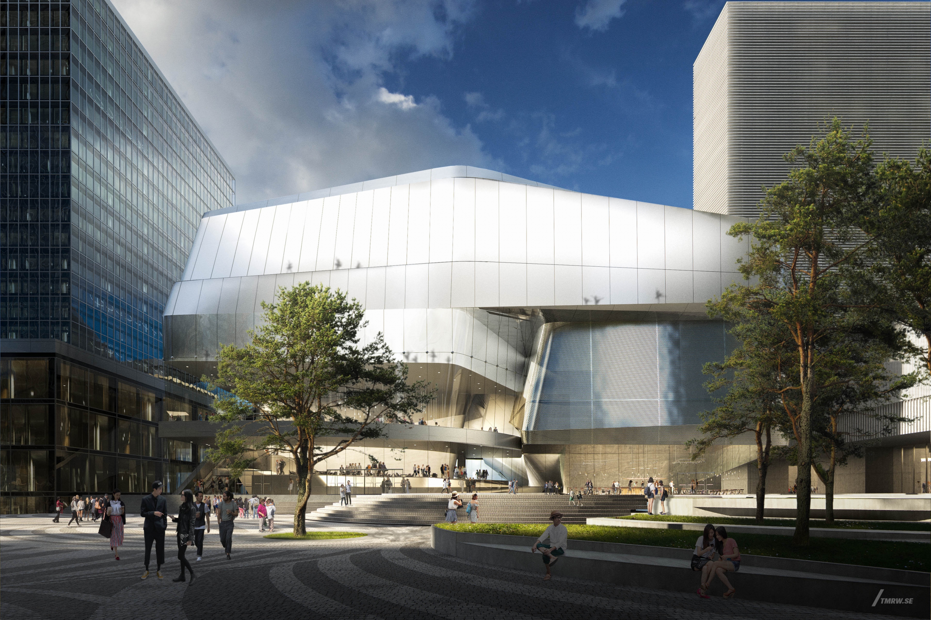 Architectural visualization of Lyric Theatre for UNStudio in day light from a street view.