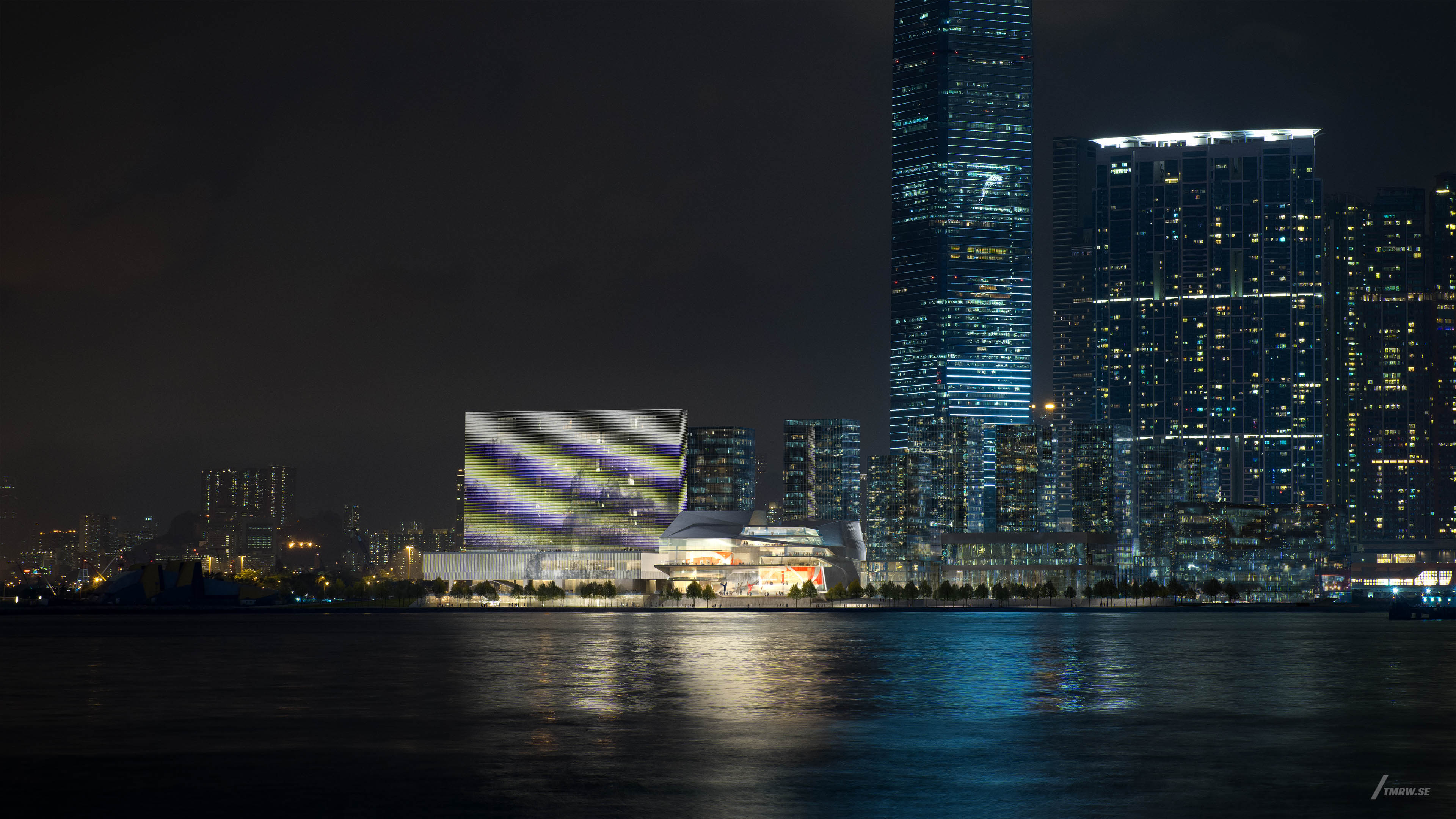 Architectural visualization of Lyric Theatre for UNStudio at night from a sea view.