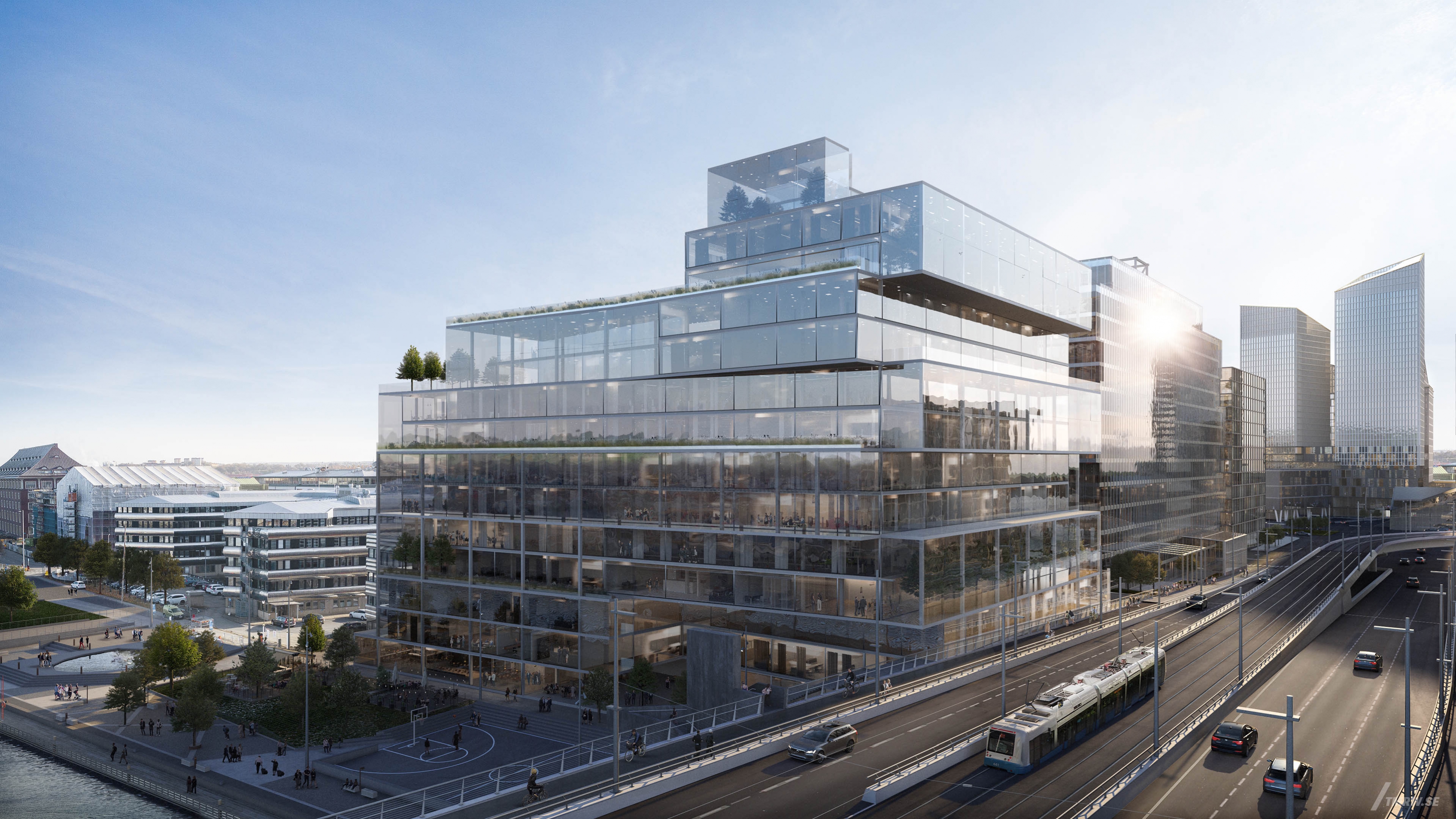 Architectural visualization of Platinan for Vasakronan a office close to a bridge in Gothenburg in day light from a semi aerial view.