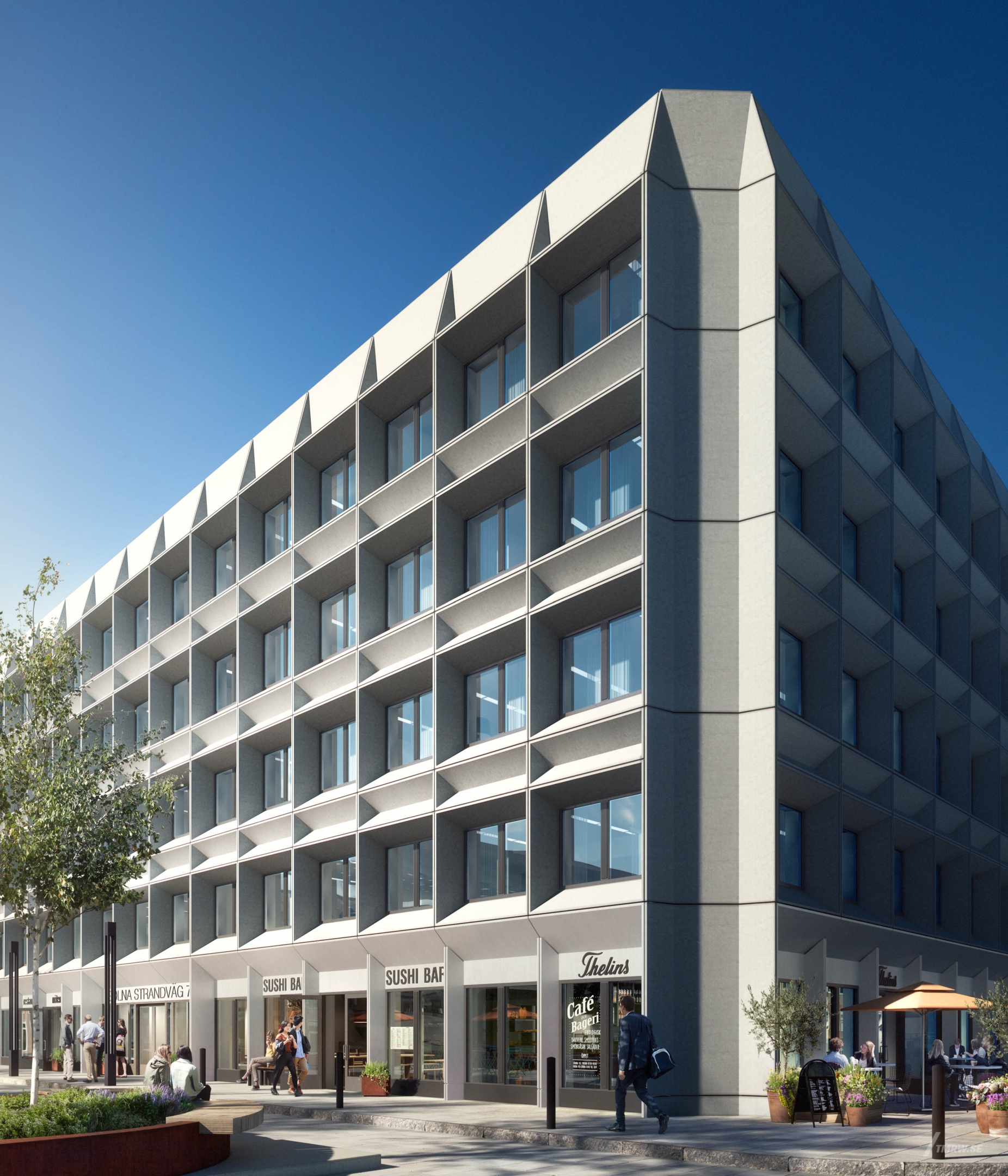 Architectural visualization of Solna Strand for Vasakronan a office building in day light form a street view.