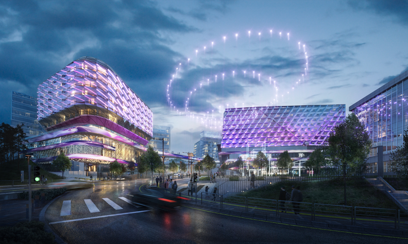 Architectural visualization of future building for Haeahn, a science district in dusk light in street view.