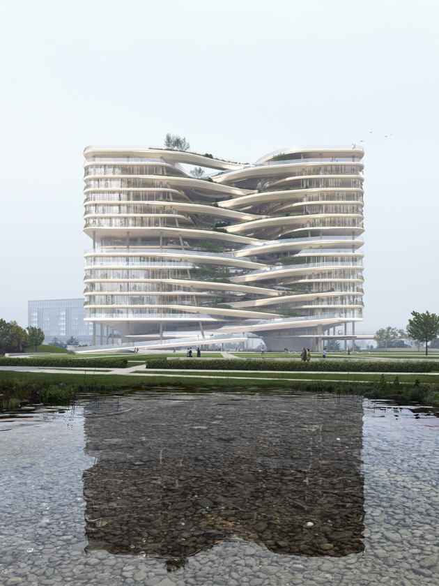 Architectural visualization of financial HQ for NBBJ, an office building during day light from an eye level view.