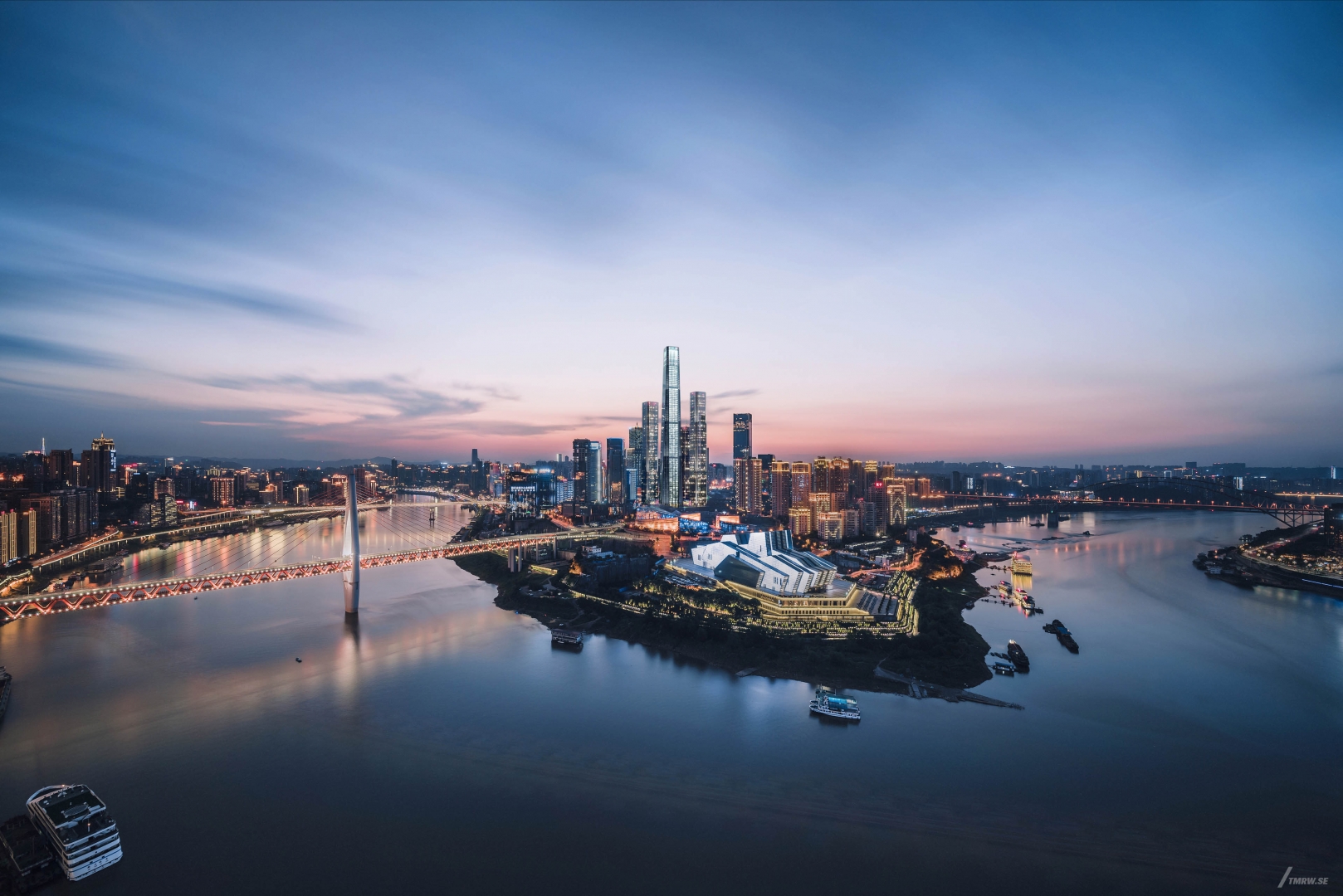 Architectural visualization of Chonqing for Tjad, a skyscraper building in evening from an areal view.