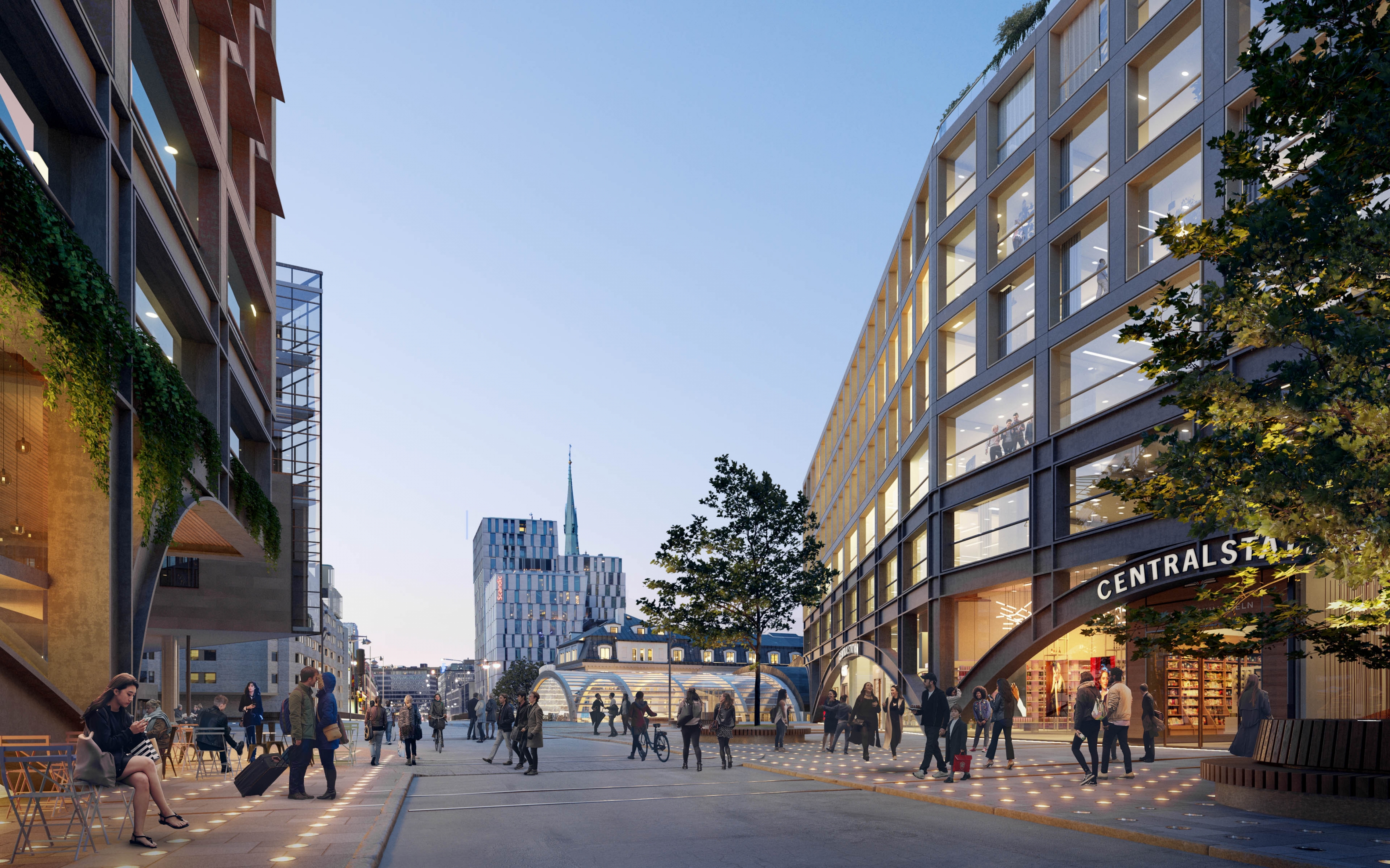 Architectural visualization of Centralstation for Foster & Partner, an civic area during blue hour light from a street view.