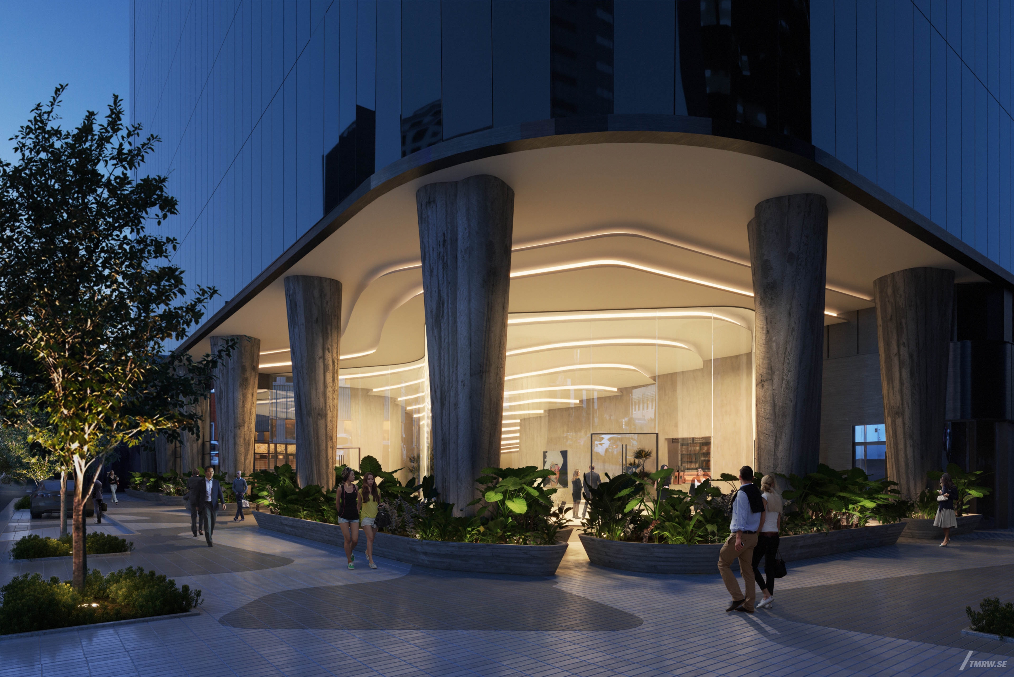 Architectural visualization of Tower 5C for Gensler, an entrance during night from a street view.