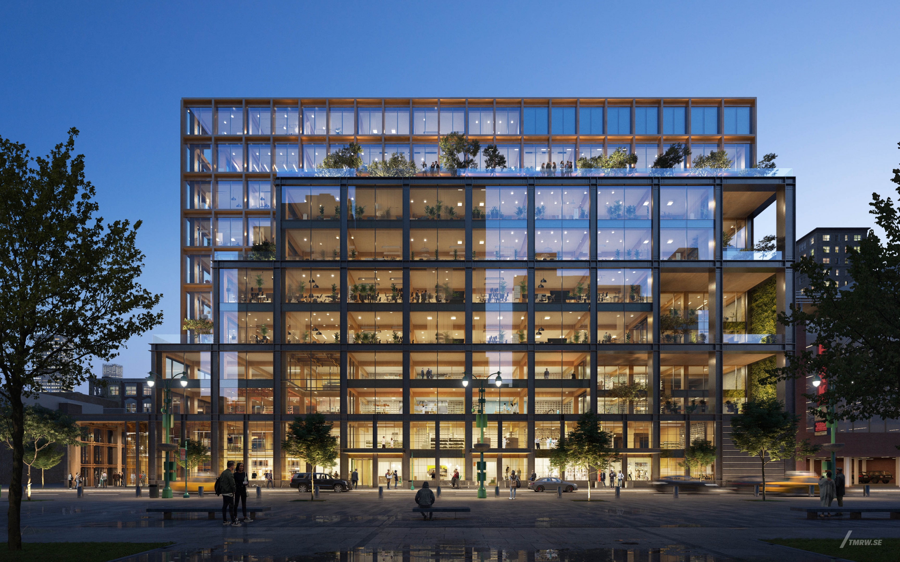 Architectural visualization of 320 West 31 Front for KPF, an Office building during night from a street view.