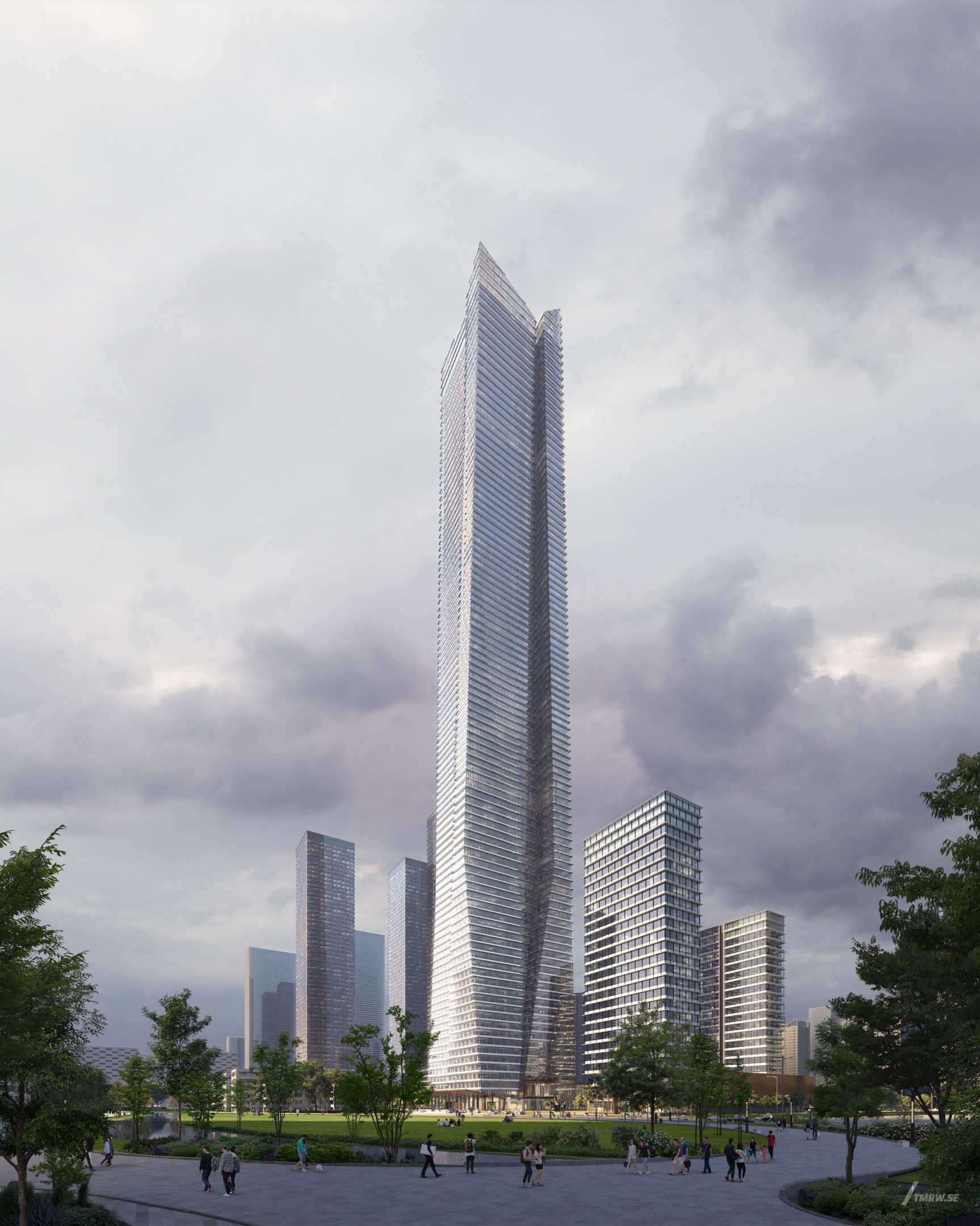 Architectural visualization of 320 West 31 Front for KPF, an Office building during dusk from a street view.