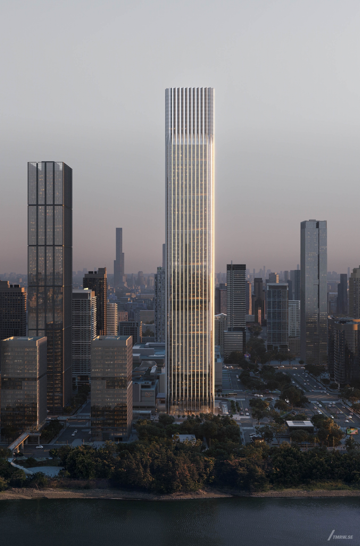 Architectural visualization of CFL for KPF, an skyscraper during day light from a semi aerial view.