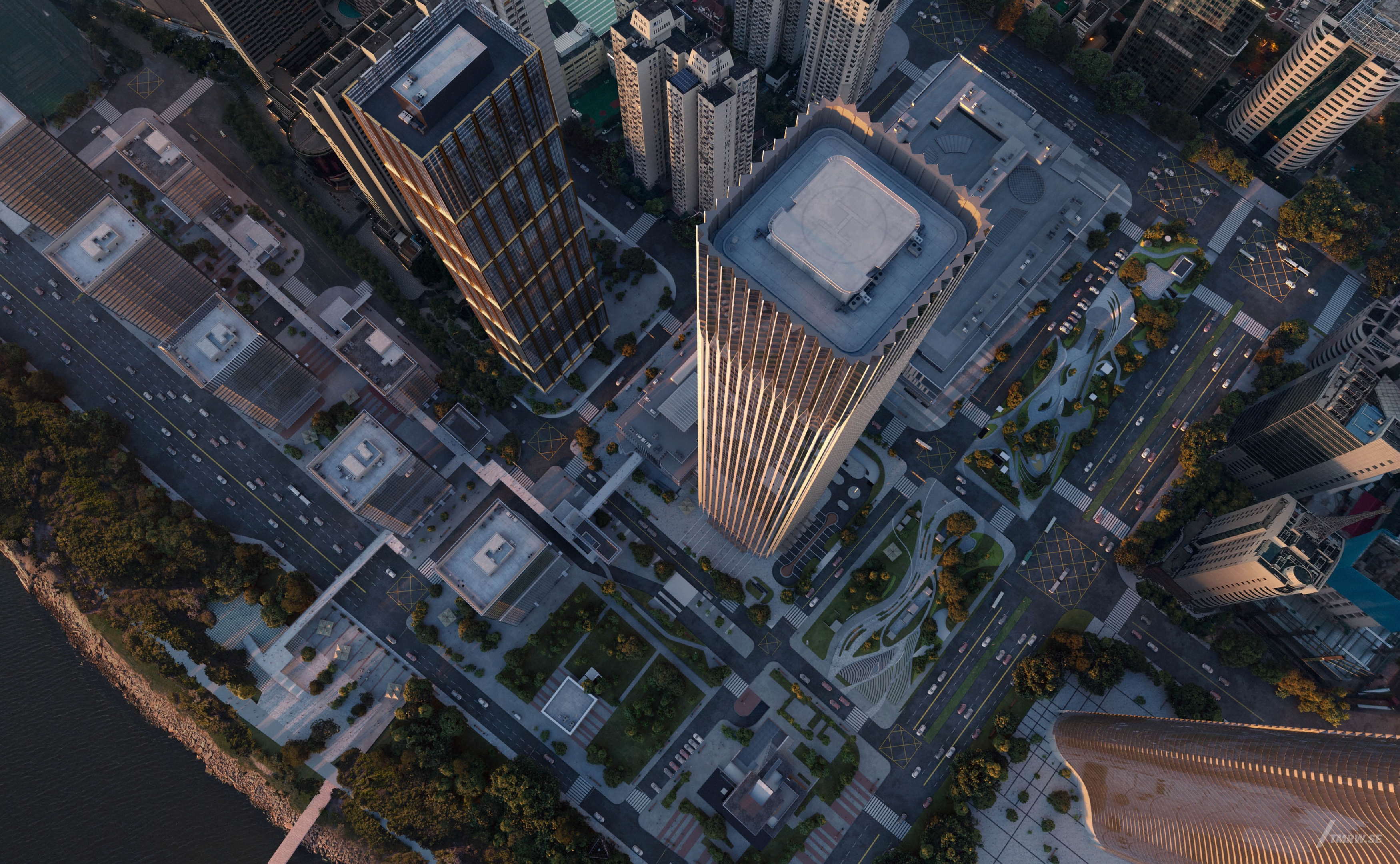 Architectural visualization of CFL for KPF, an skyscraper during day light from an aerial view looking down.