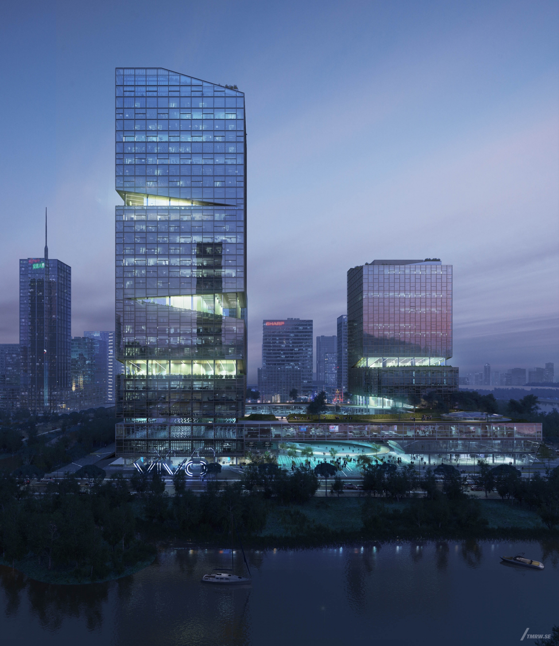 Architectural visualization of Hangzhou for NBBJ, an office tower during night from a street view.