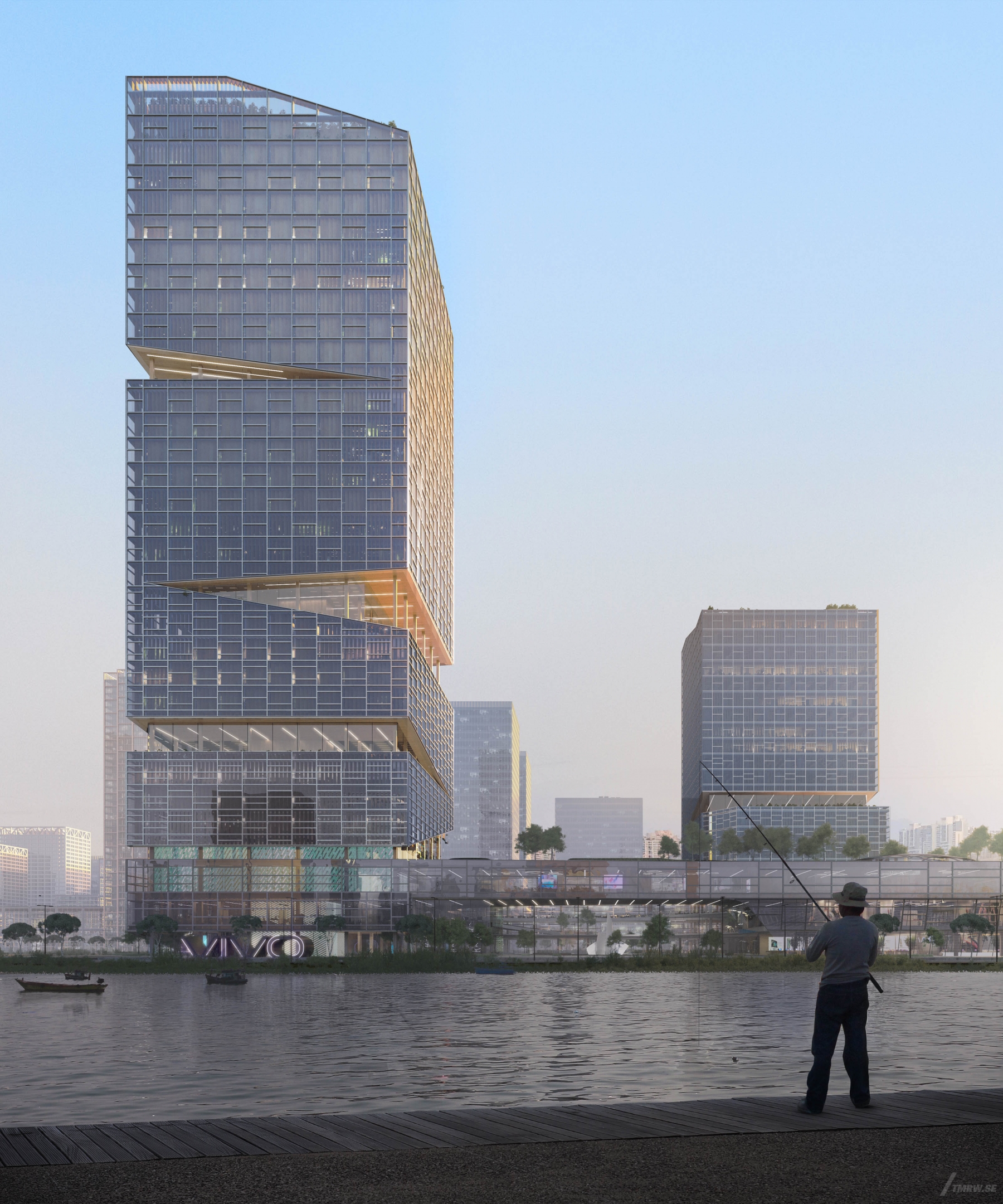 Architectural visualization of Hangzhou for NBBJ, an office tower during day light from a street view.