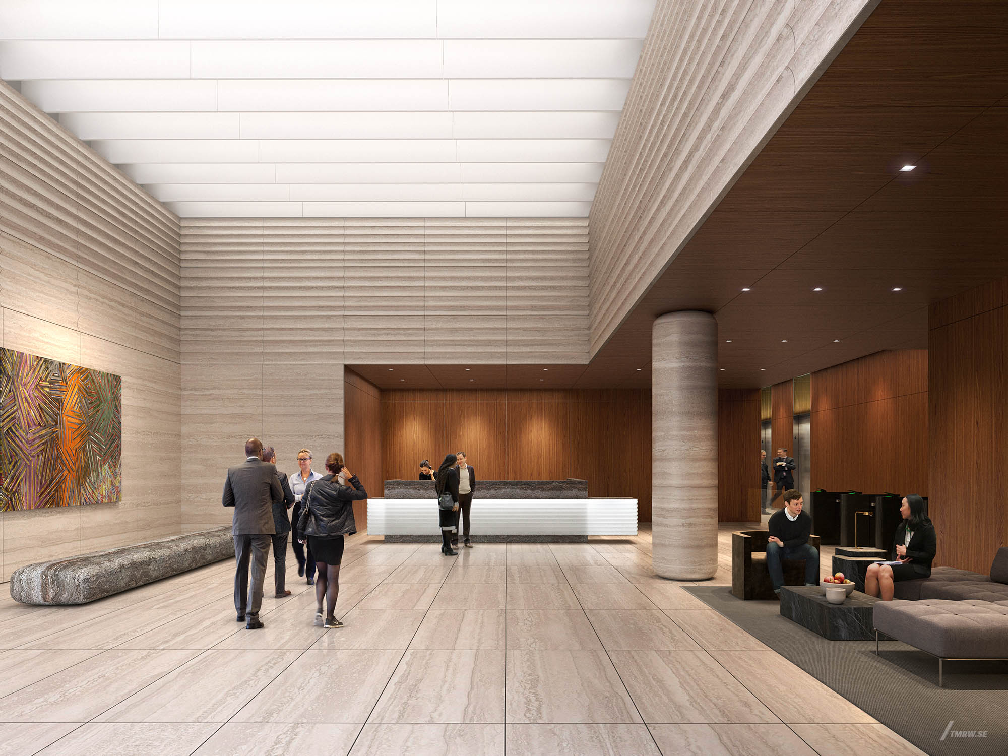 Architectural visualization of 60 Columbus Circle for Related, an lobby during day from an interior view.