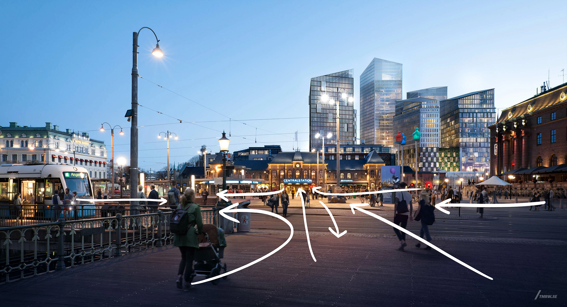 Architectural visualization of Region City for Jernhusen, exterior of central station in dusk, location gothenburg