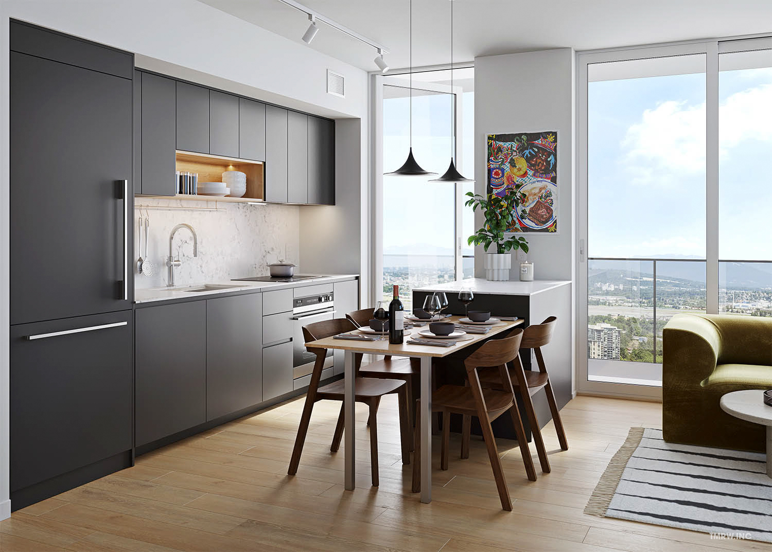 Architectural visualization of Parkway for Bosa, an interior view of a kitchen in the daylight.