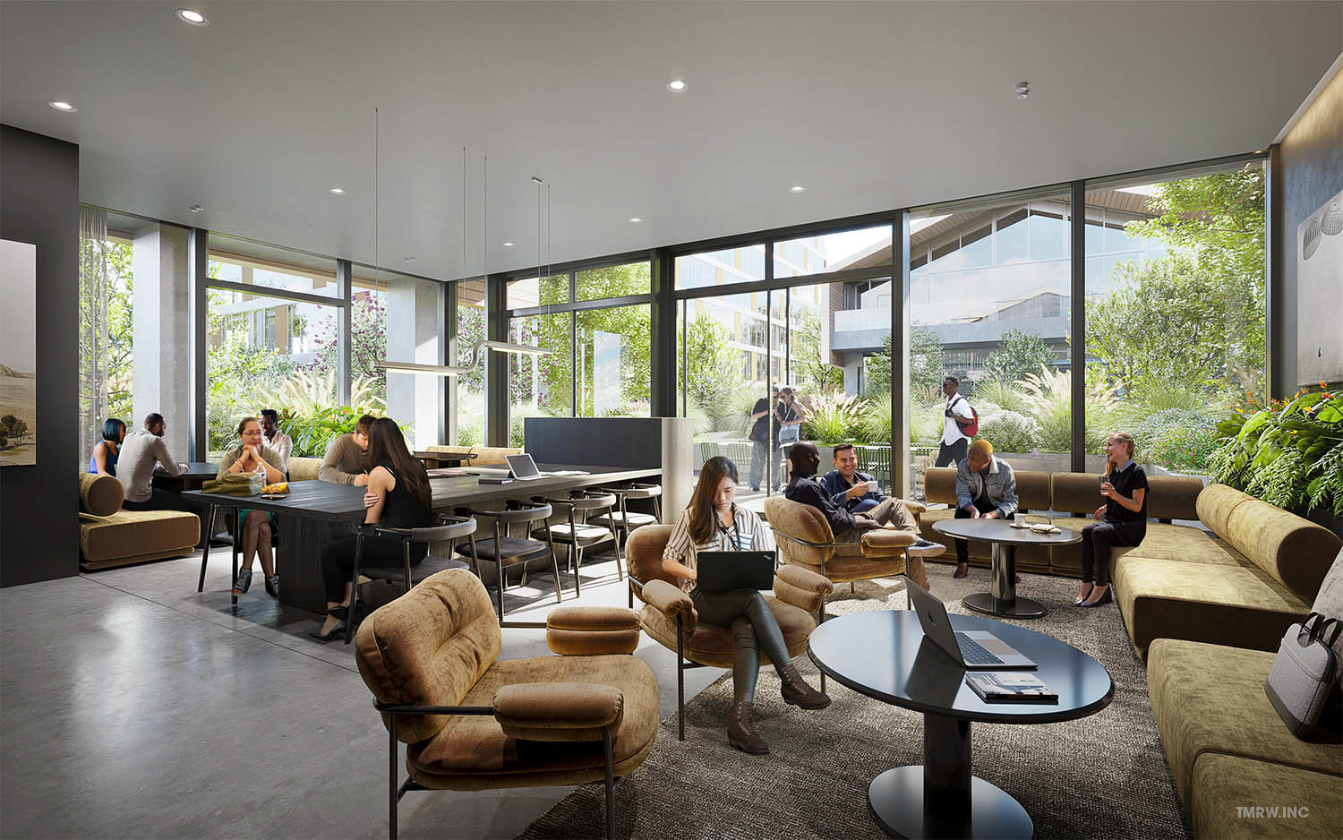 Architectural visualization of Parkway for Bosa, a group of people working with laptops in a lobby area in the daylight.