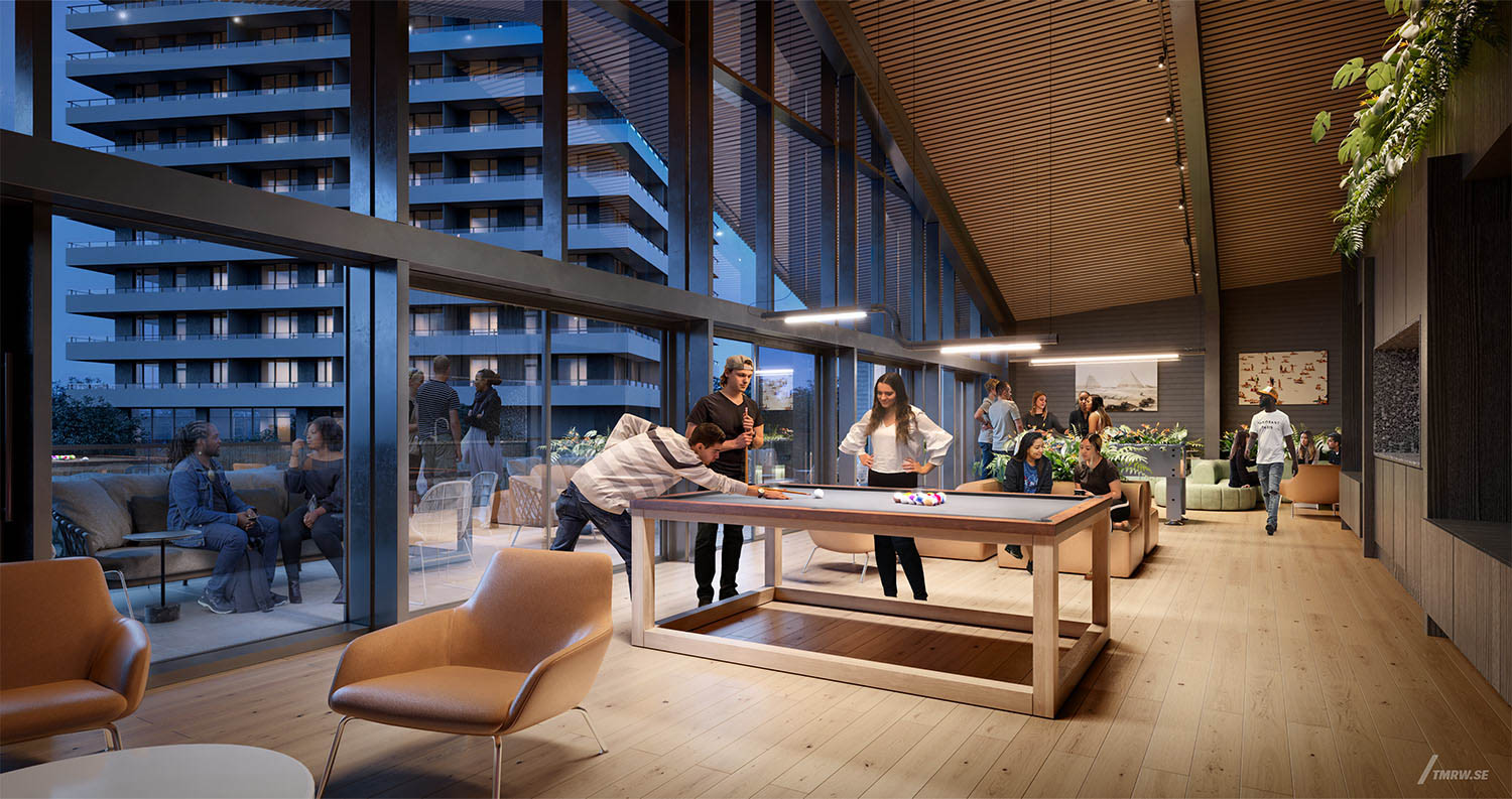 Architectural visualization of Parkway for Bosa, some people play billiards in a public setting during the evening.