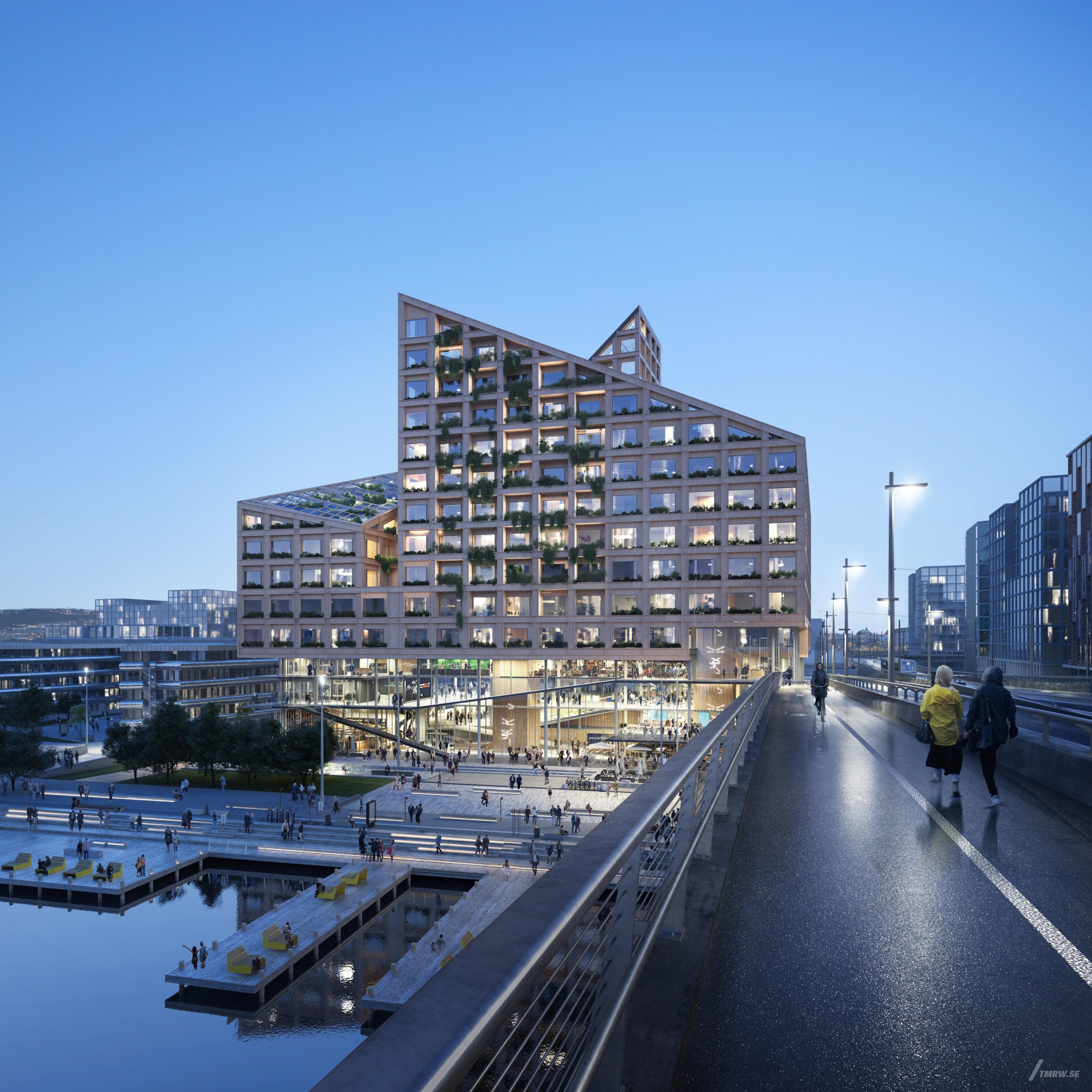 Architectural visualization of Kaj 16 for Dorte Mandrup an office building by a bridge in blue hour light.
