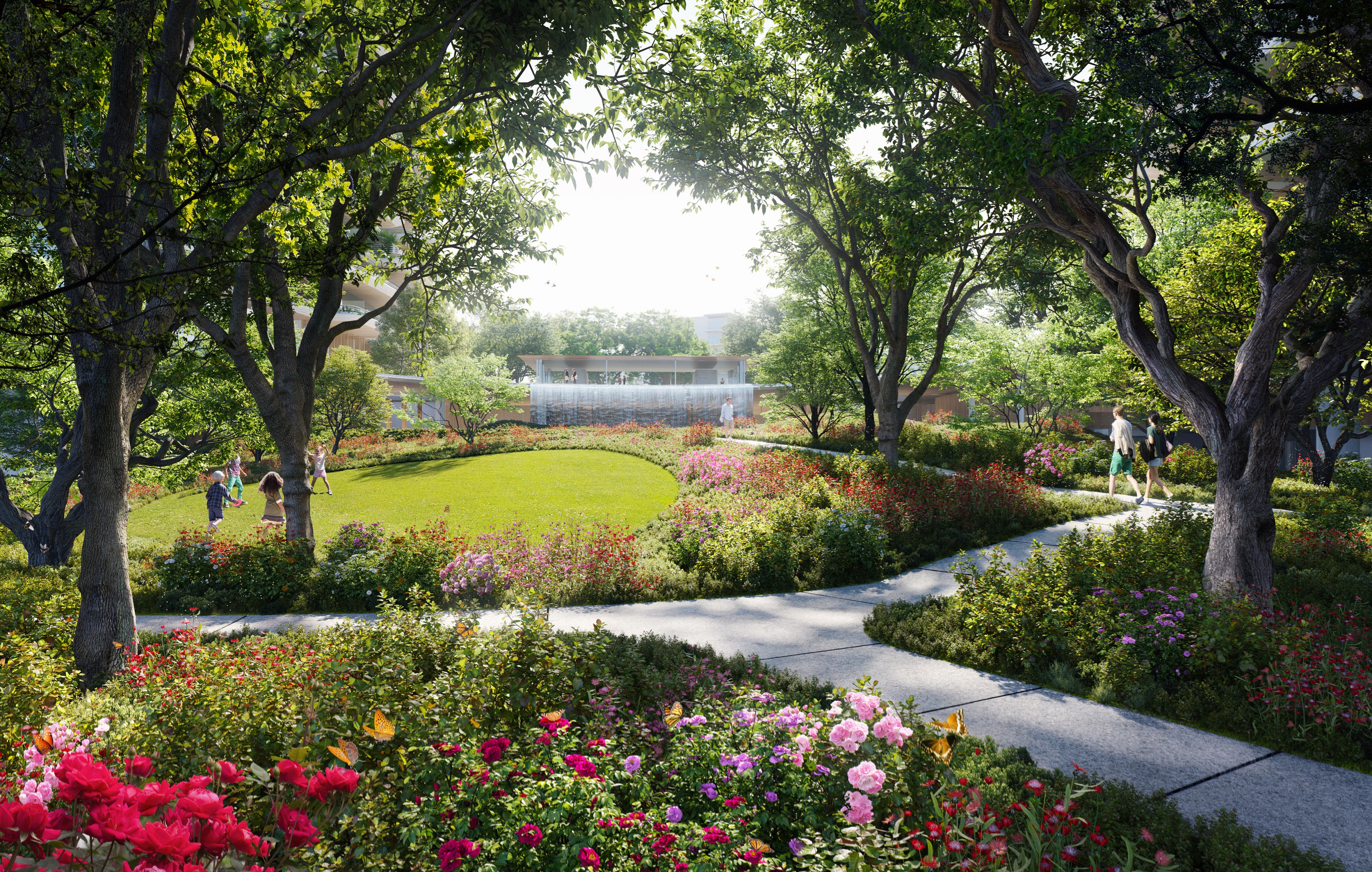 Architectural visualization of Beverly Hills for Foster & Partners. A garden area with lots of trees and flowers in sunny day light.