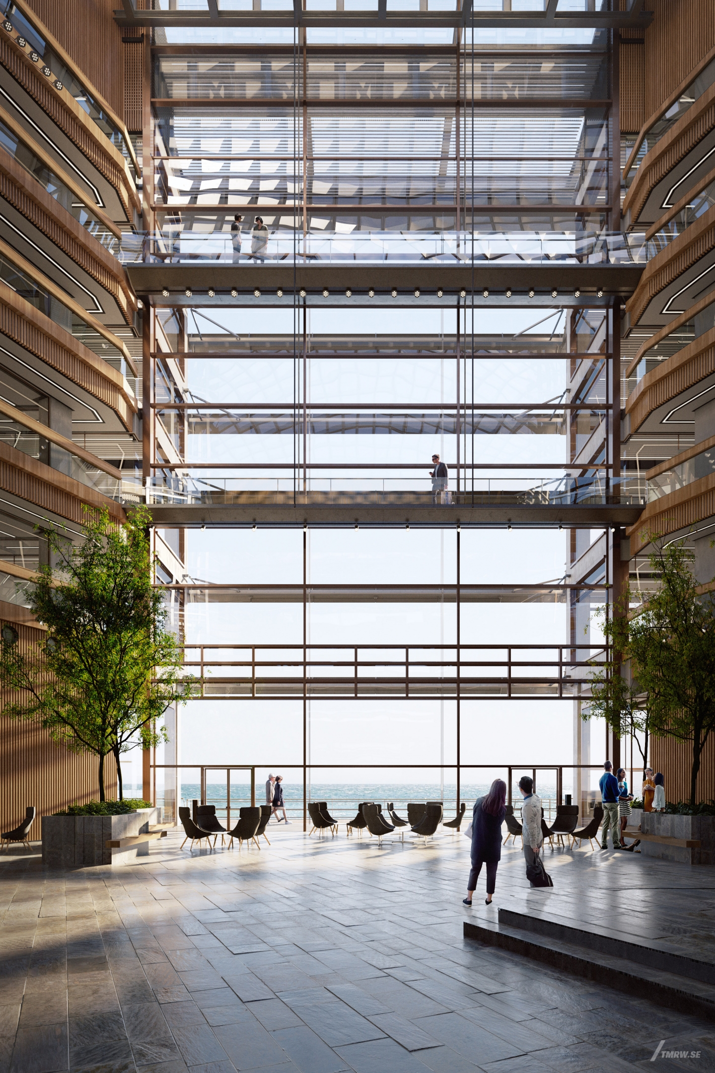 Architectural visualization of Ferring for Foster & Partners. A image of the interior in an office building with people walking around in the daylight. With a tall glass wall.