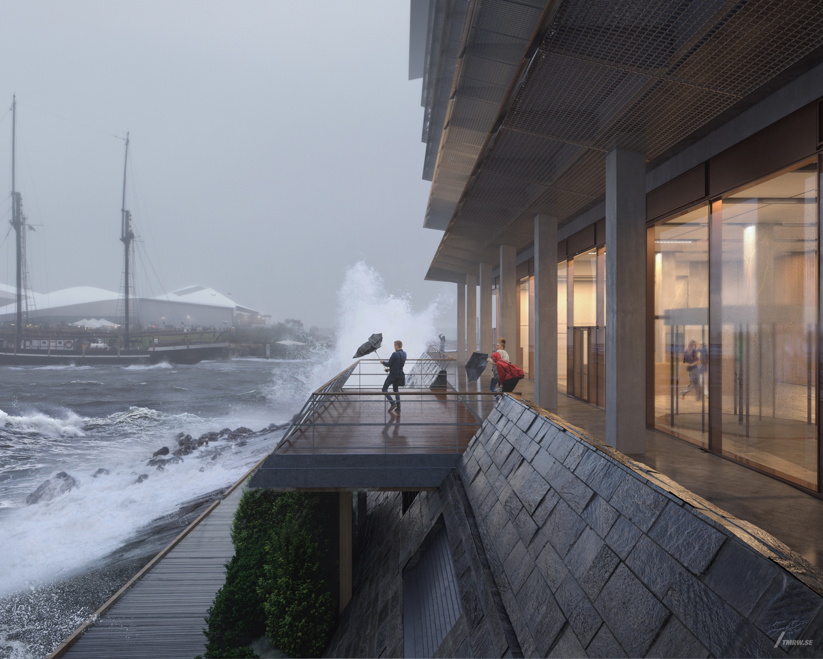 Architectural visualization of Ferring for Foster & Partners. A image of the exterior of a office building ocean view in daylight.
