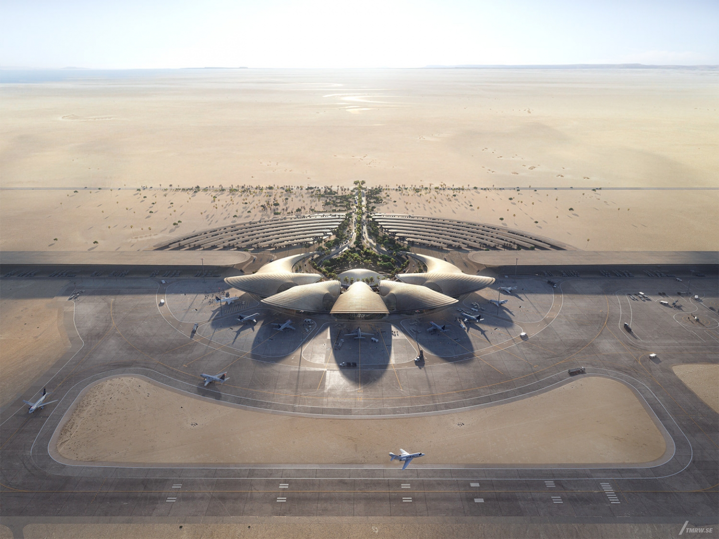 Architectural visualization of Ferring for Foster & Partners. A image of a airport from a aerial view in daylight in the desert.