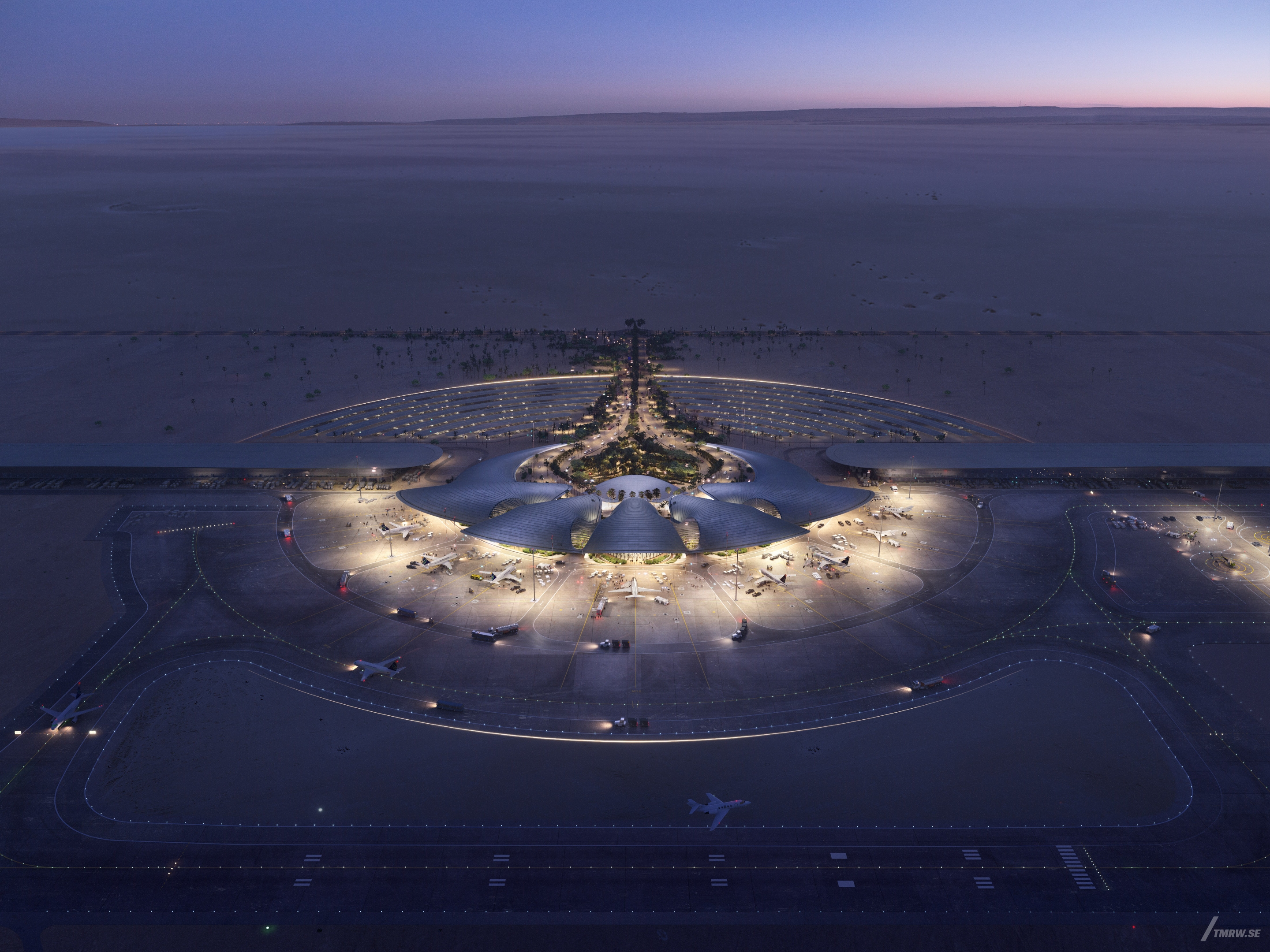 Architectural visualization of Ferring for Foster & Partners. A image of a airport from a aerial view at night in the desert.