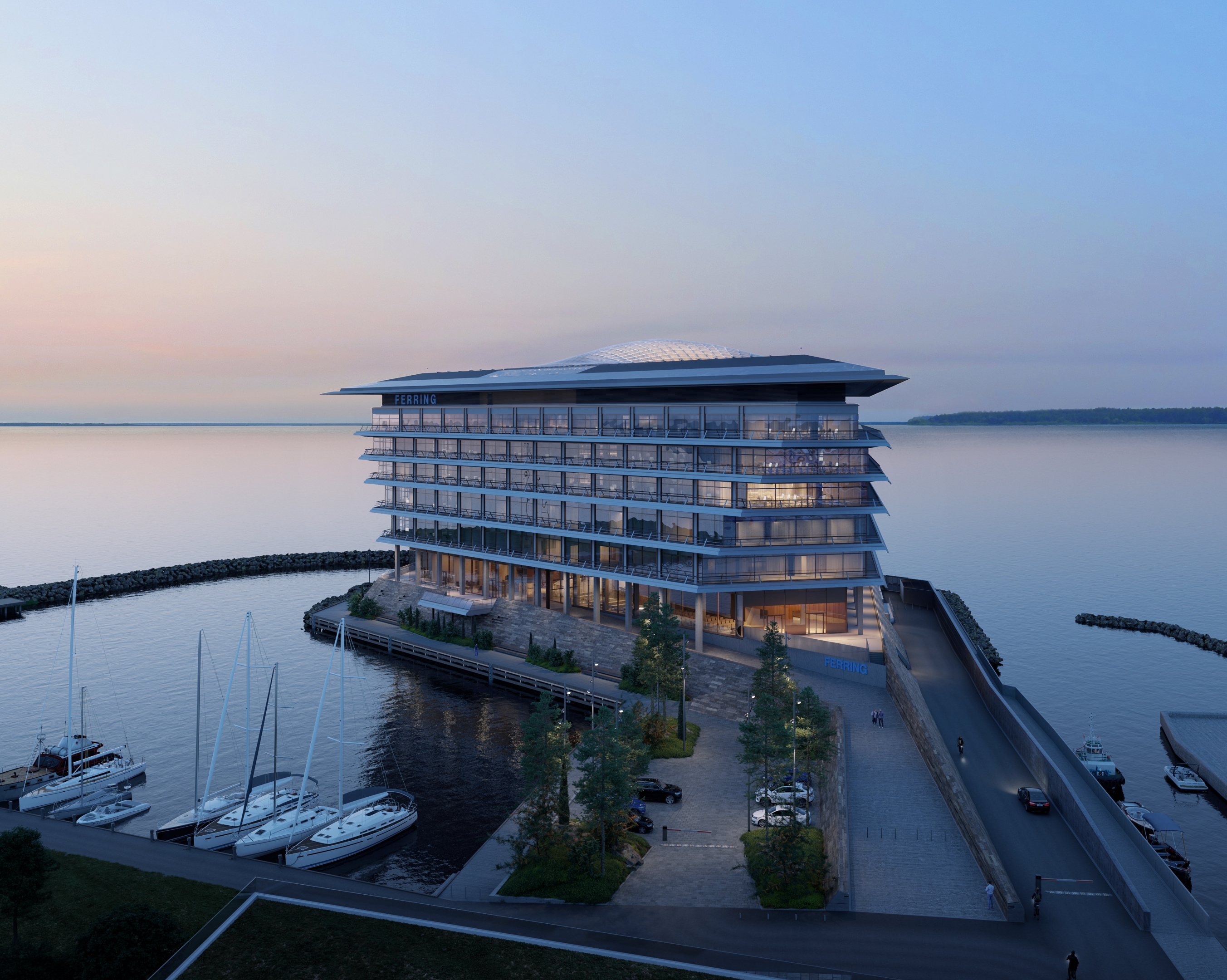 Architectural visualization of Ferring for Foster & Partners. A image of an office building surrounded by ocean in the dusk from a semi aerial view.