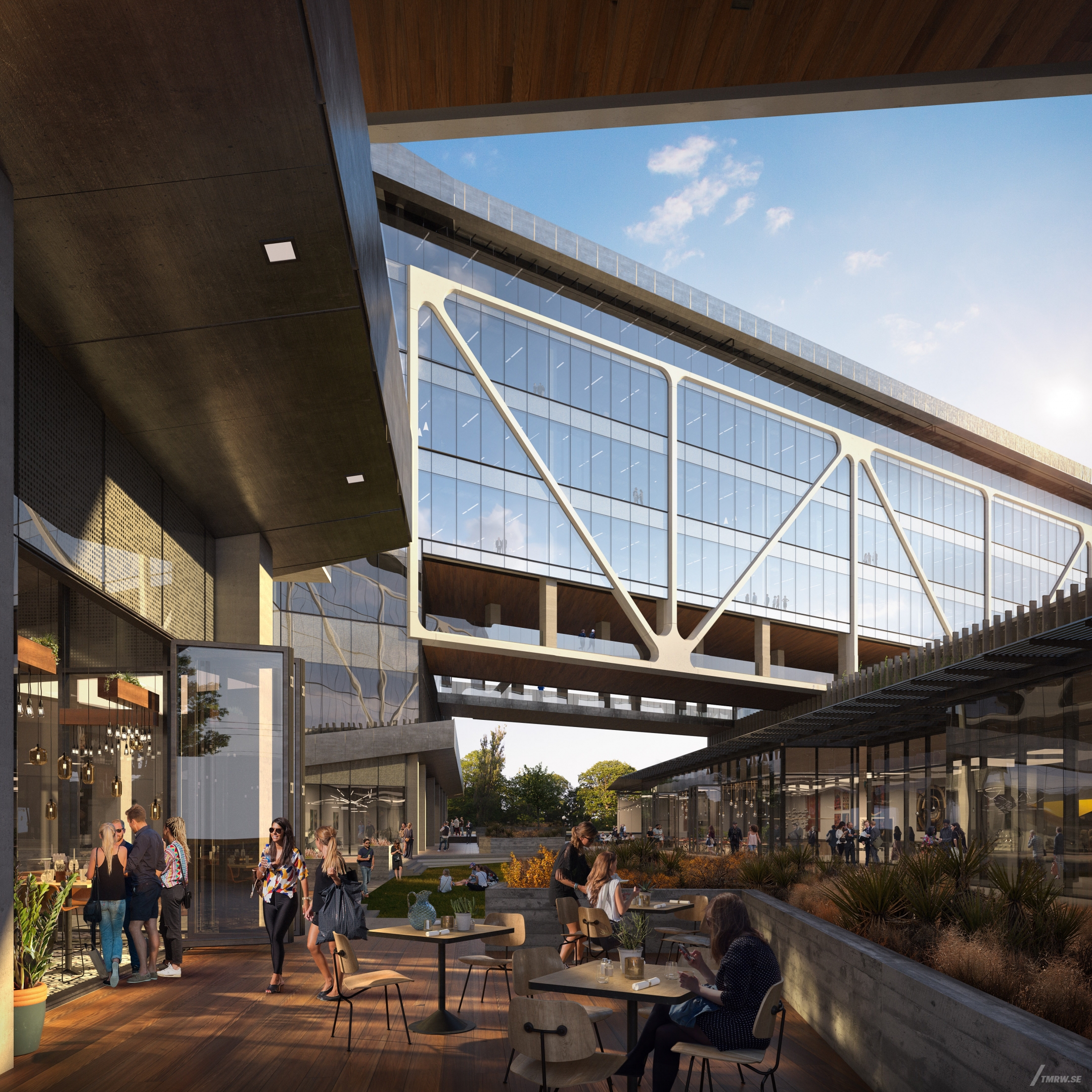 Architectural visualization of 1600 Pleasant for Gensler. A terrace area in with a group of people at tables in golden hour light