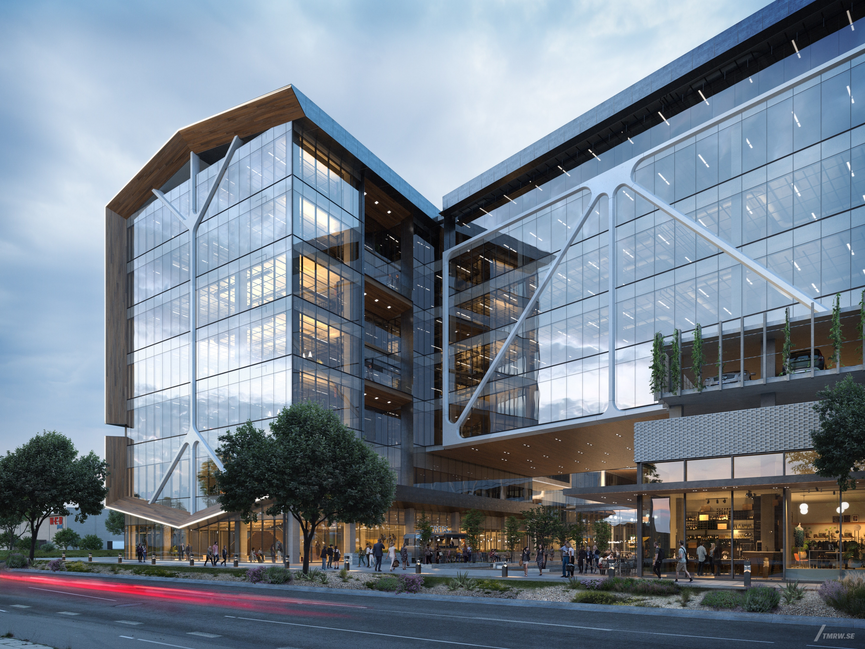 Architectural visualization of 1600 Pleasant for Gensler. A large building with a reflective glass faced in the evening light.