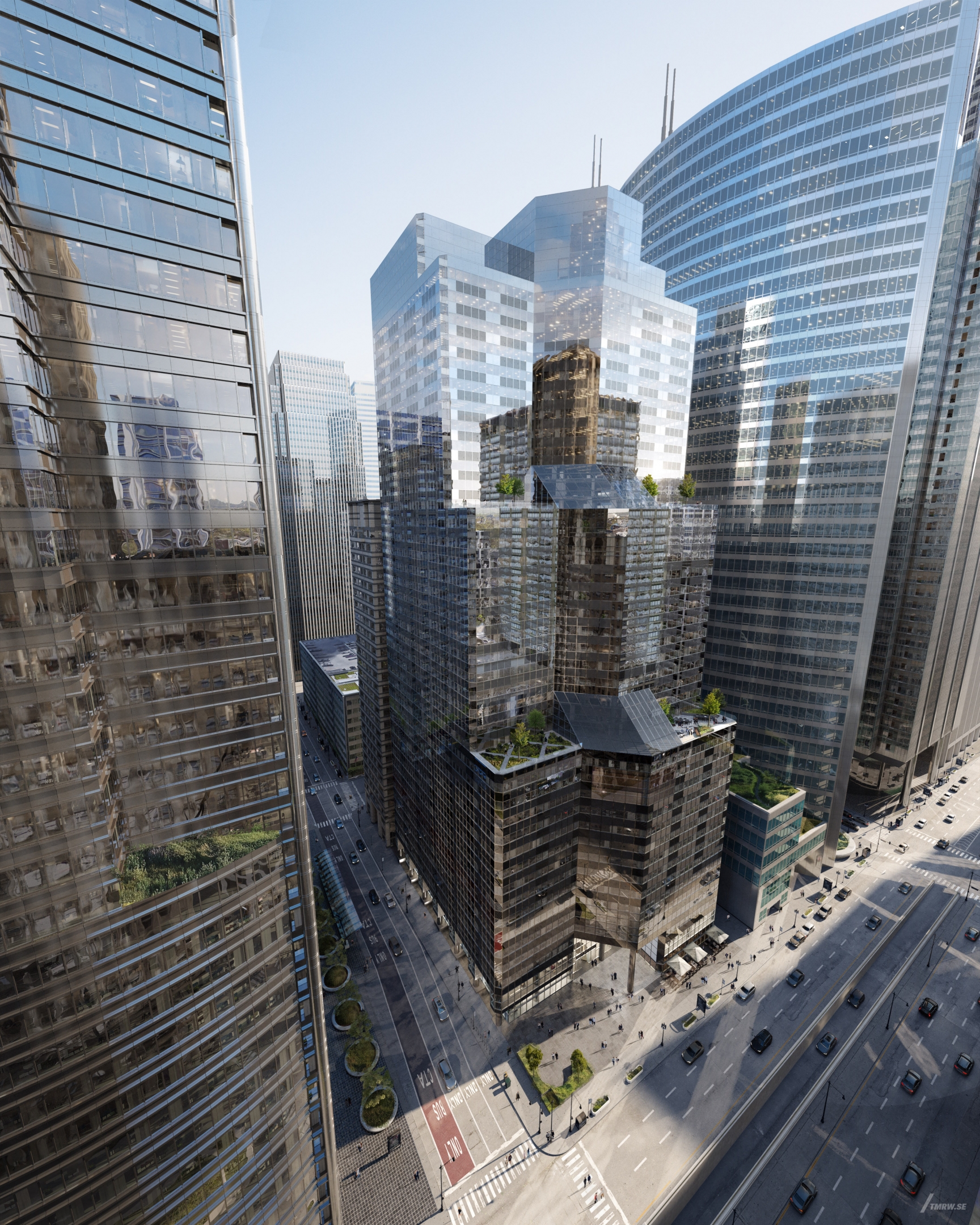 Architectural visualization of One South Wecker for Gensler. A image of an office skyscrape building with glass-faced in daylight from a aerial view.